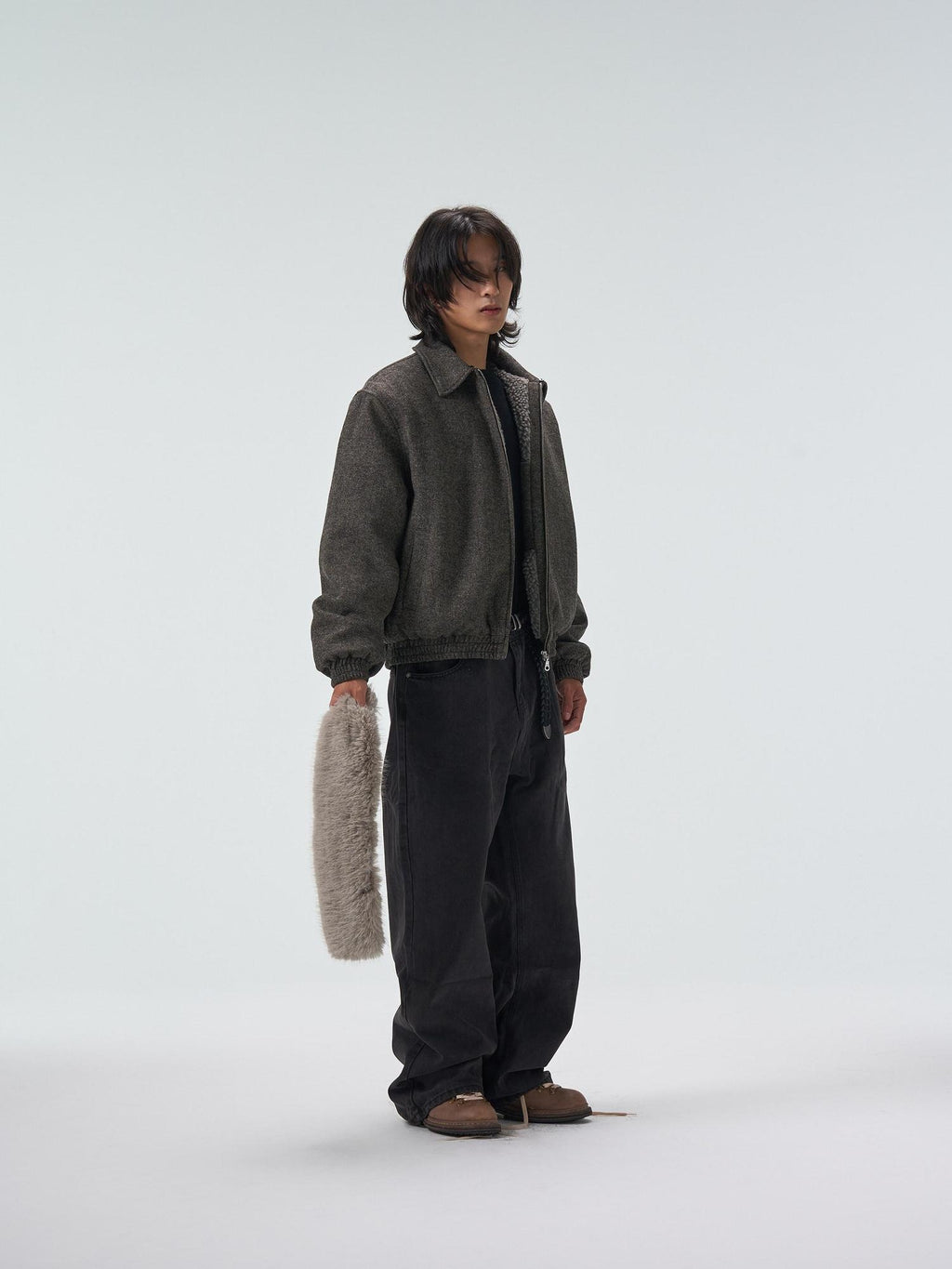 4JUNKS Detachable Fleece Lined Thick Gray Short Unisex Polyester Wool Cropped Jackets