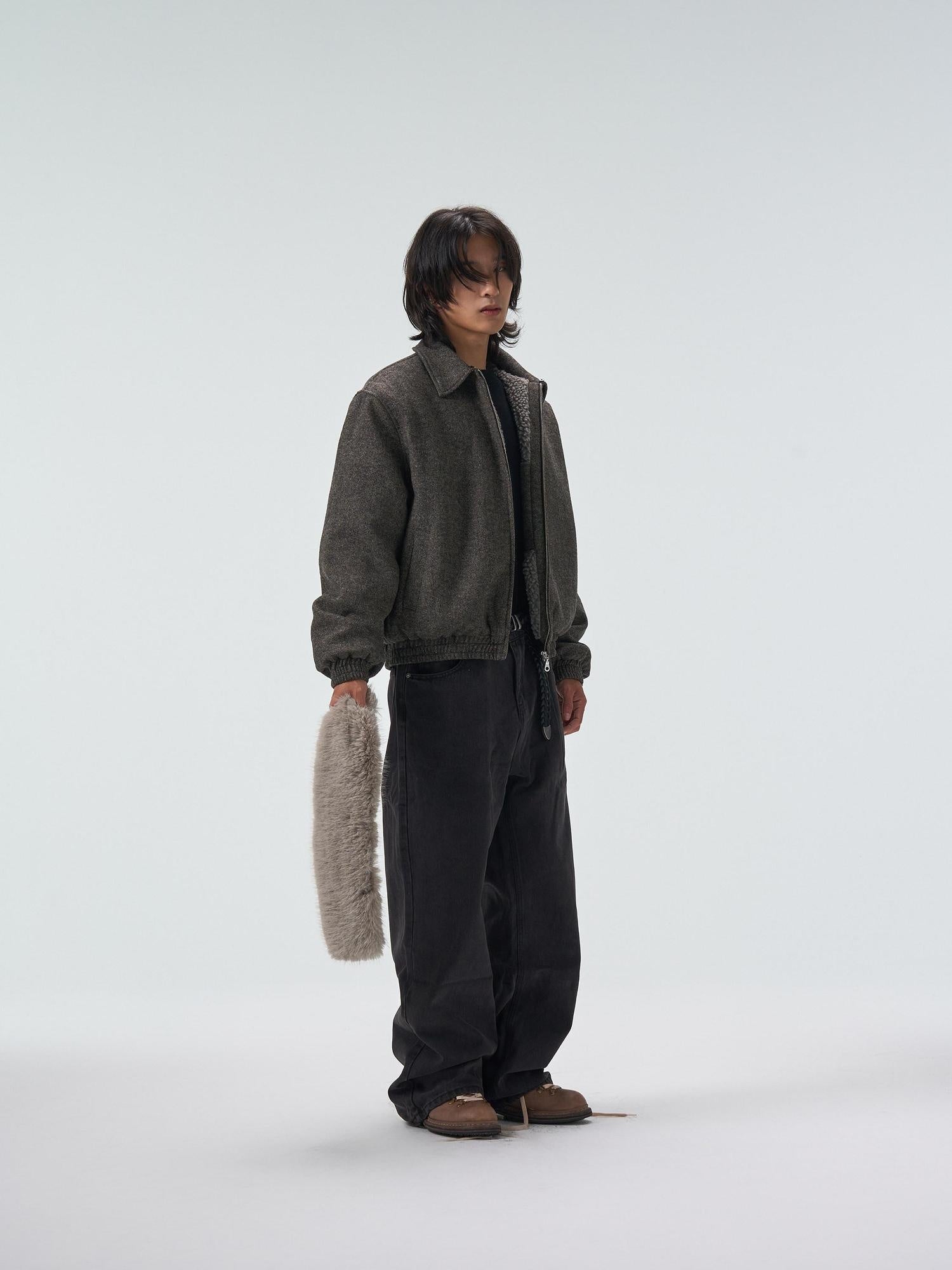 4JUNKS Detachable Fleece Lined Thick Gray Short Unisex Polyester Wool Cropped Jackets