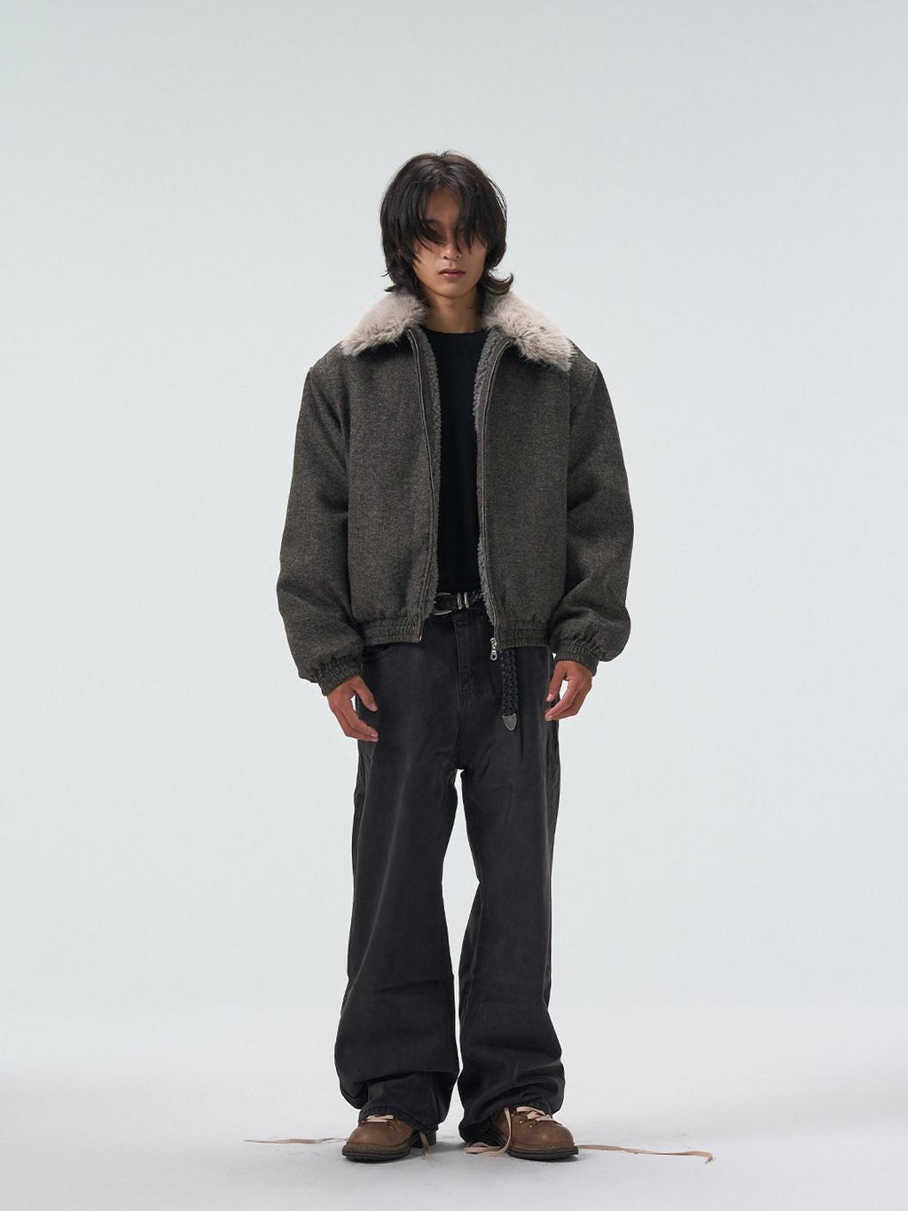 4JUNKS Detachable Fleece Lined Thick Gray Short Unisex Polyester Wool Cropped Jackets