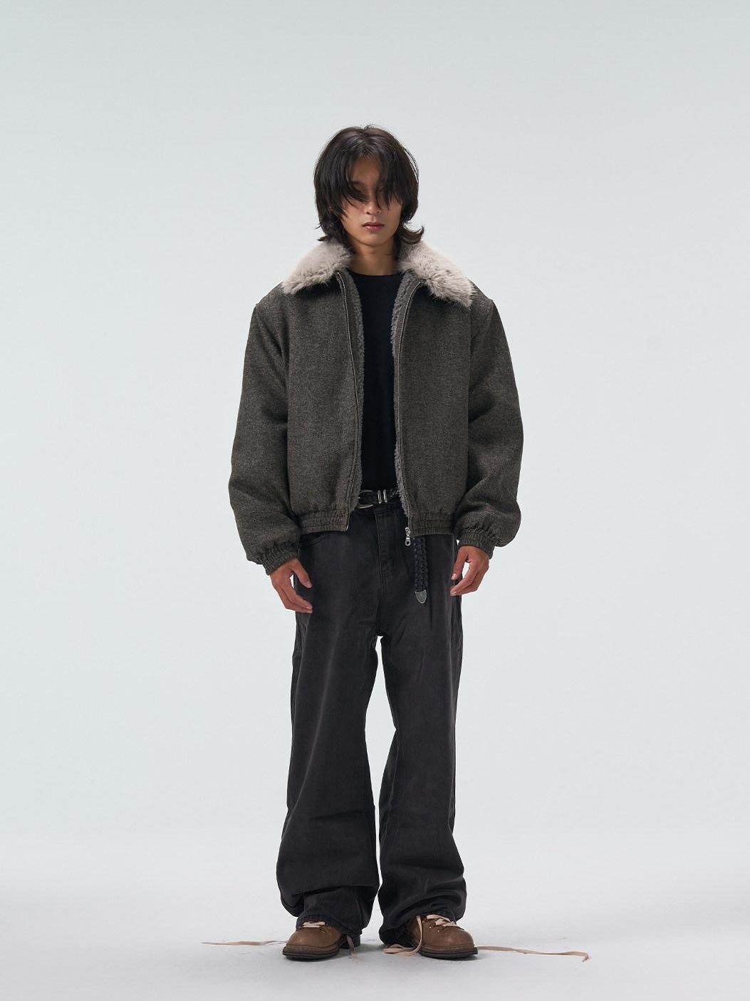 4JUNKS Detachable Fleece Lined Thick Gray Short Unisex Polyester Wool Cropped Jackets
