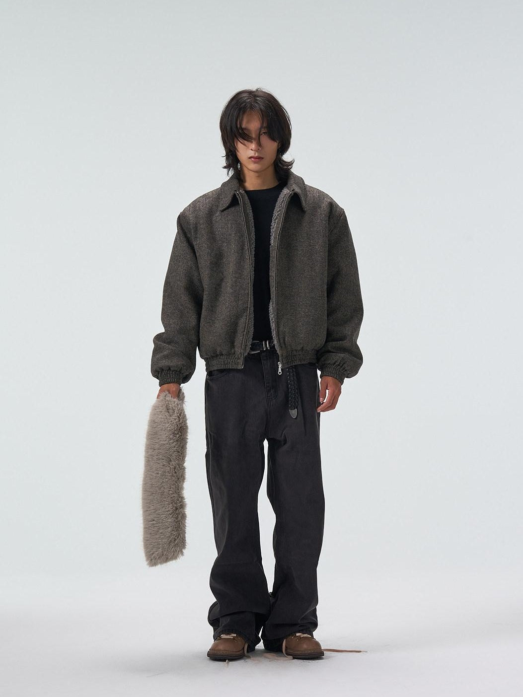 4JUNKS Detachable Fleece Lined Thick Gray Short Unisex Polyester Wool Cropped Jackets