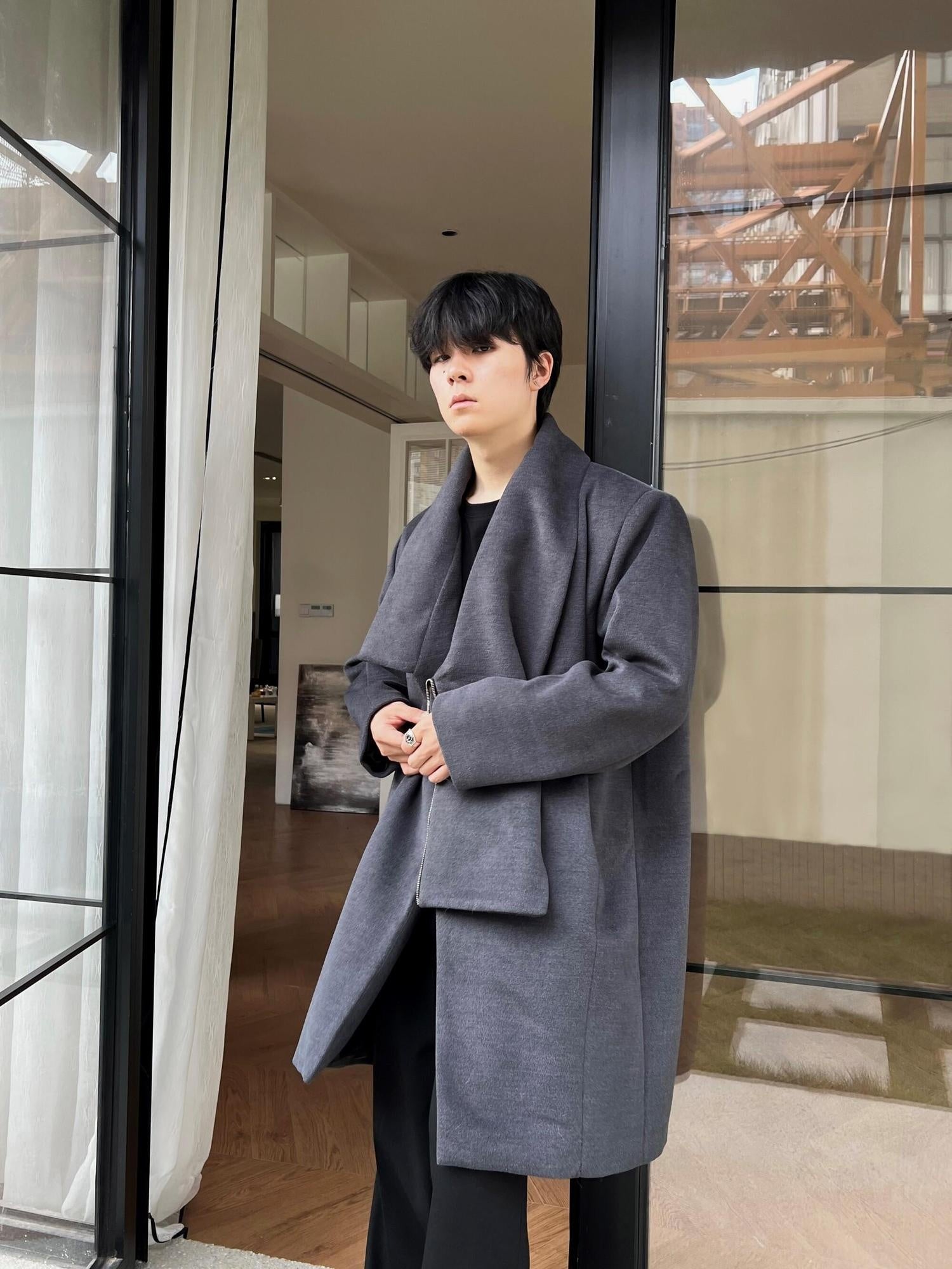 4JUNKS Detachable Hood Zipper Mid Length Urban Youth Loose Fit Casual Gray Trench Coats