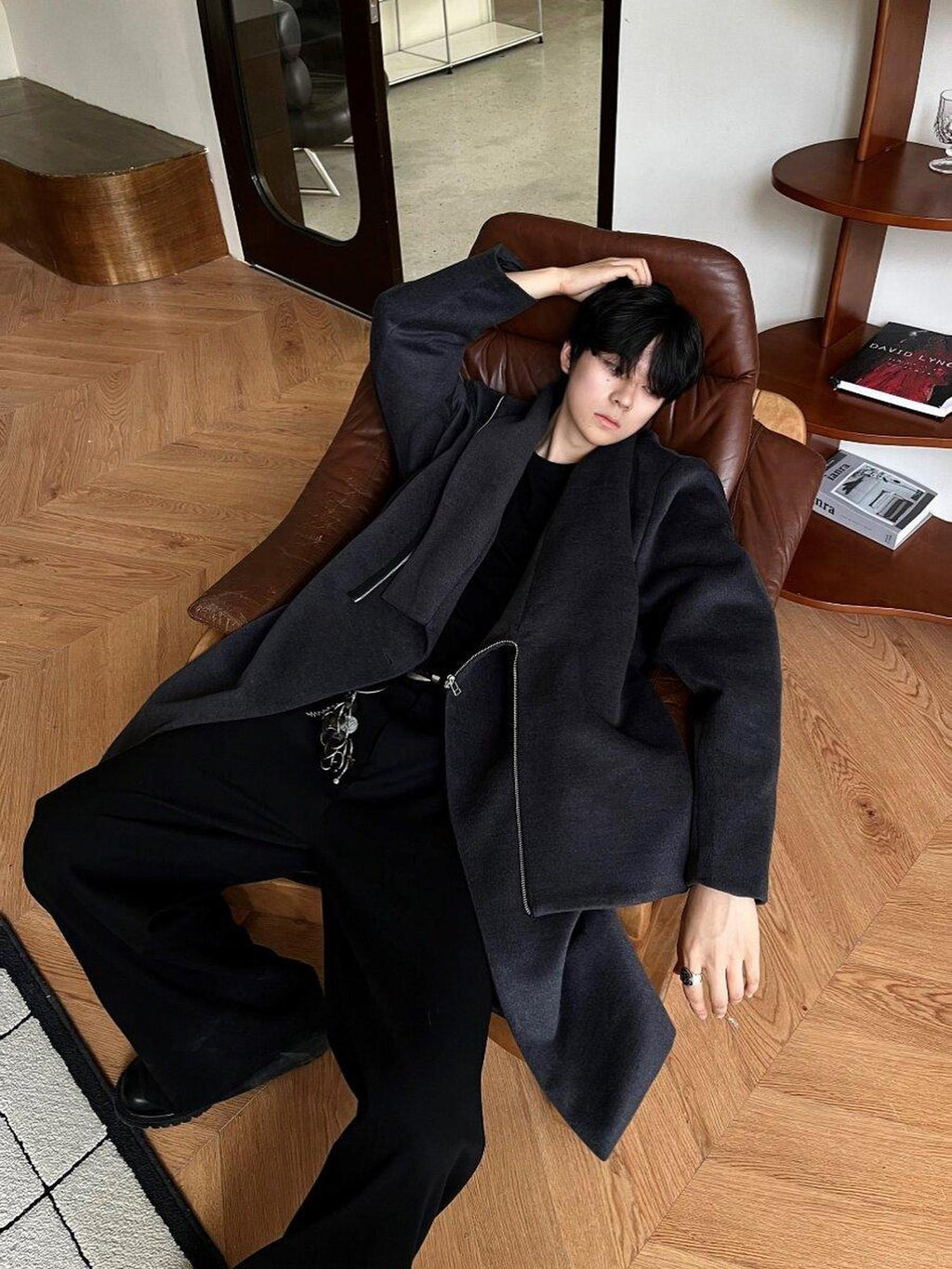 4JUNKS Detachable Hood Zipper Mid Length Urban Youth Loose Fit Casual Gray Trench Coats