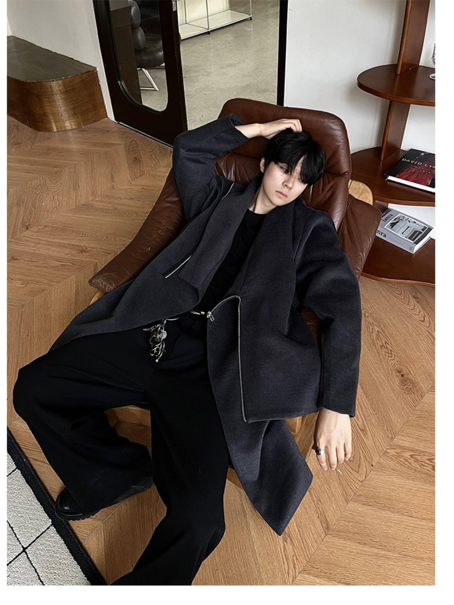 4JUNKS Detachable Hood Zipper Mid Length Urban Youth Loose Fit Casual Gray Trench Coats