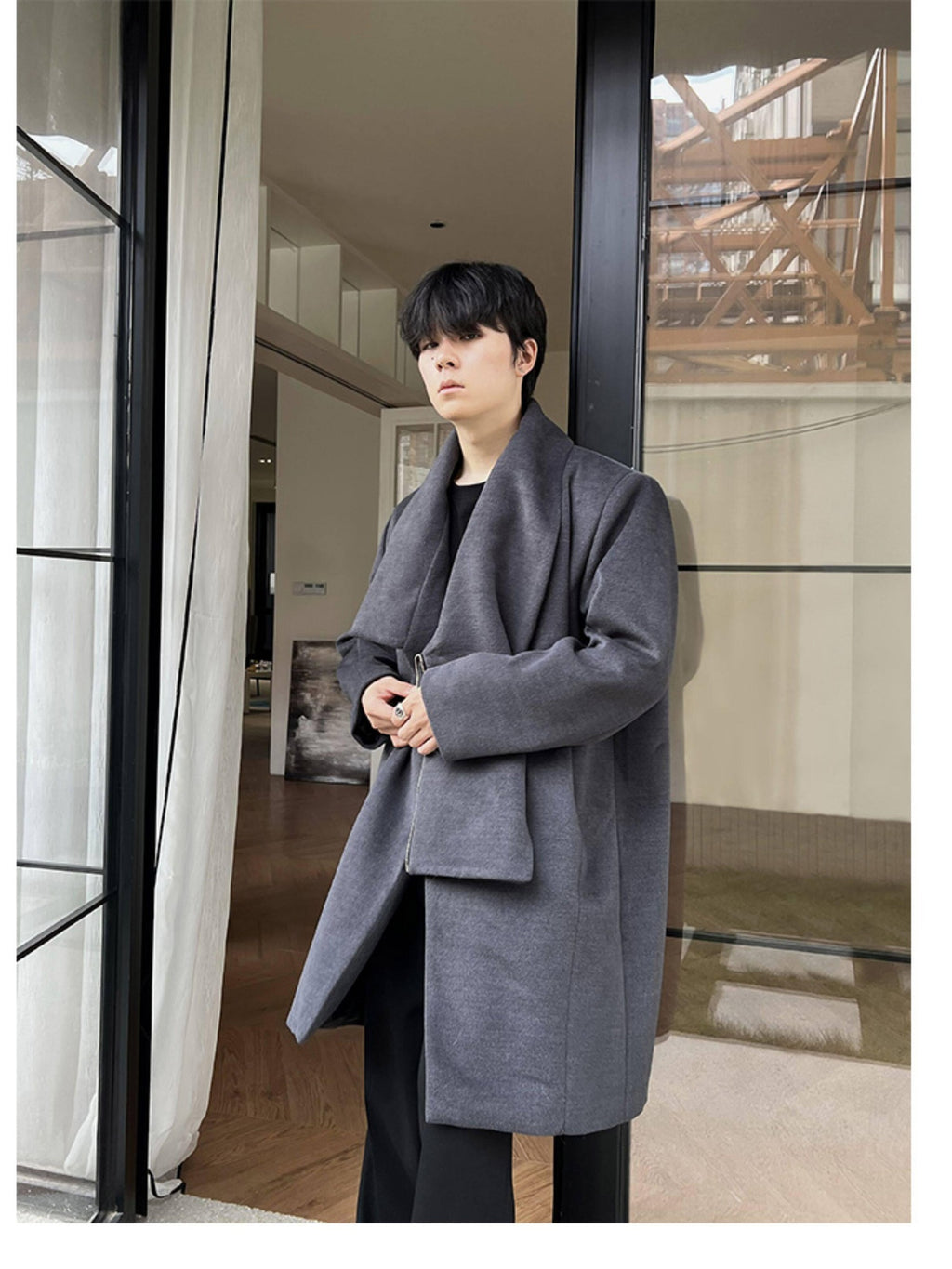 4JUNKS Detachable Hood Zipper Mid Length Urban Youth Loose Fit Casual Gray Trench Coats
