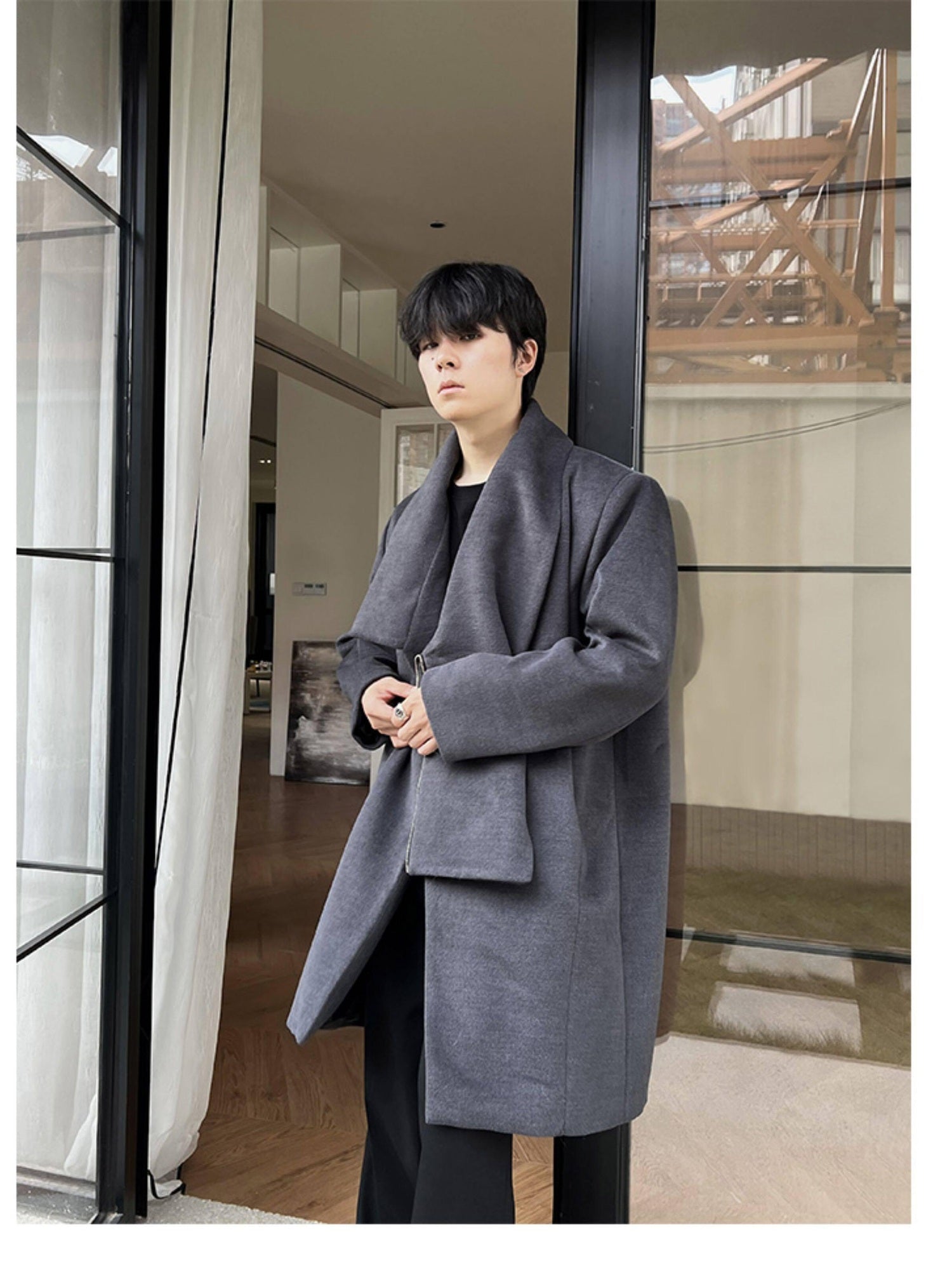 4JUNKS Detachable Hood Zipper Mid Length Urban Youth Loose Fit Casual Gray Trench Coats