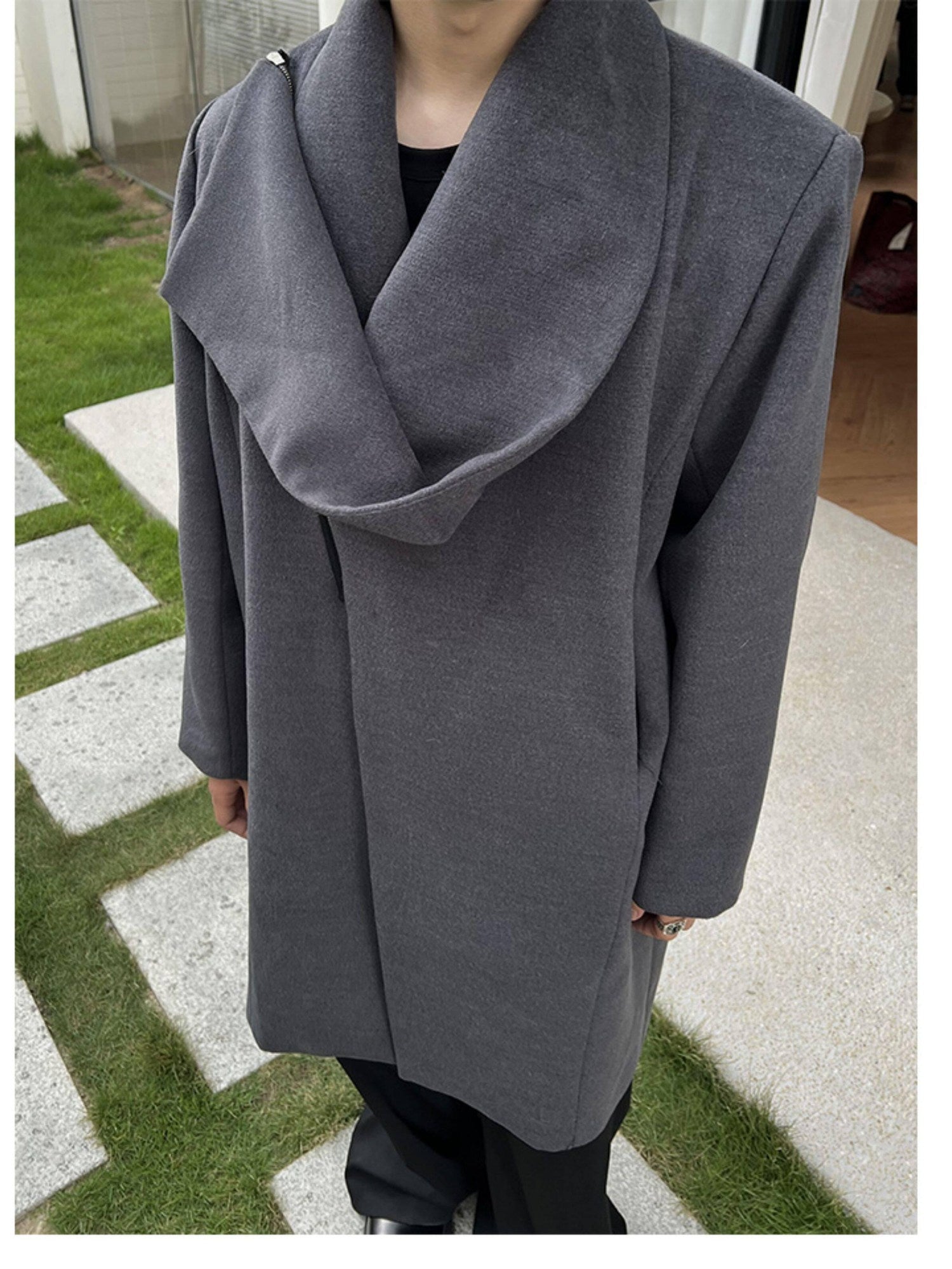 4JUNKS Detachable Hood Zipper Mid Length Urban Youth Loose Fit Casual Gray Trench Coats