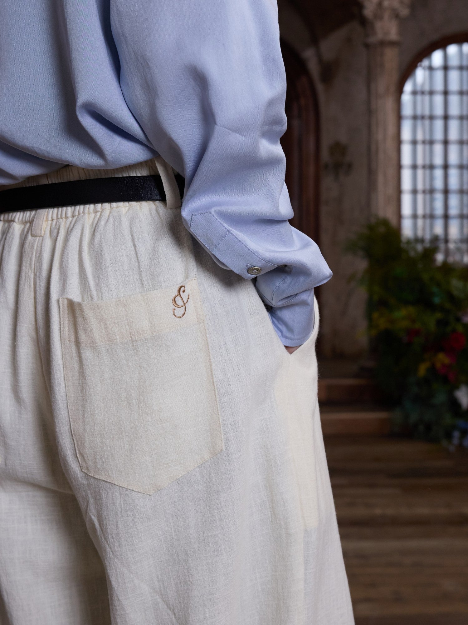 4JUNKS Embroidered Back Pocket Linen Blend Chinese Style Casual Youth Straight Pants