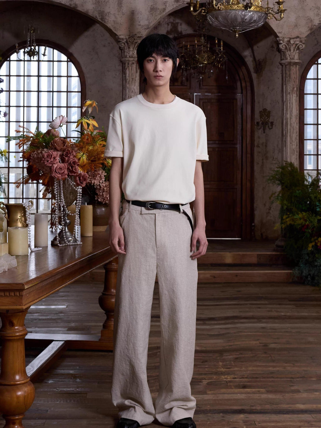 4JUNKS Embroidered Back Pocket Linen Blend Chinese Style Casual Youth Straight Pants