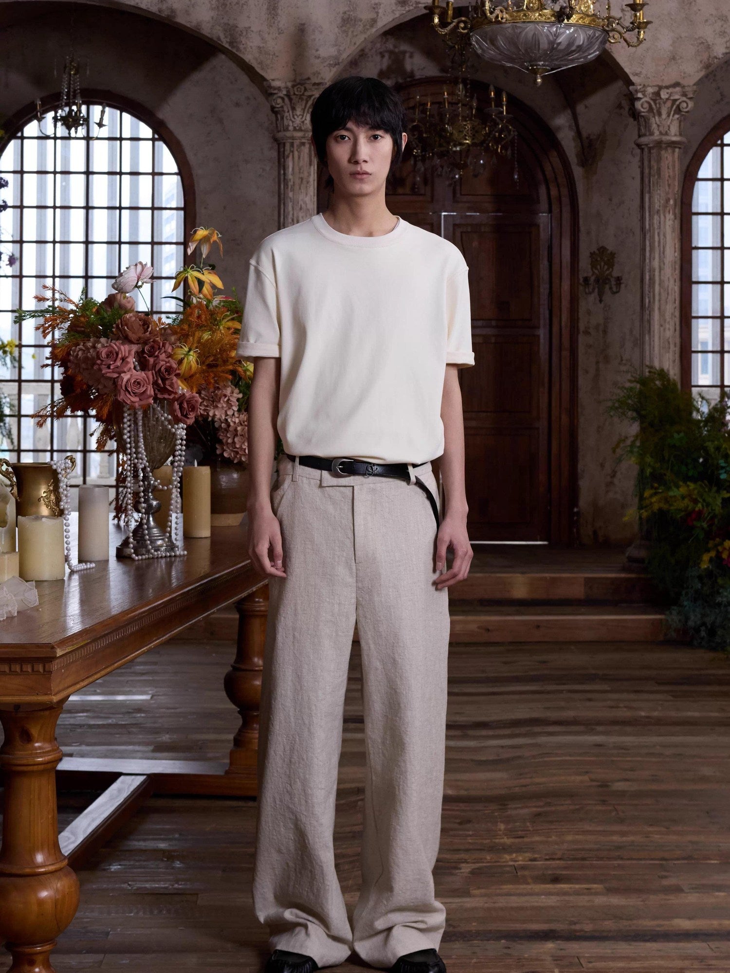 4JUNKS Embroidered Back Pocket Linen Blend Chinese Style Casual Youth Straight Pants