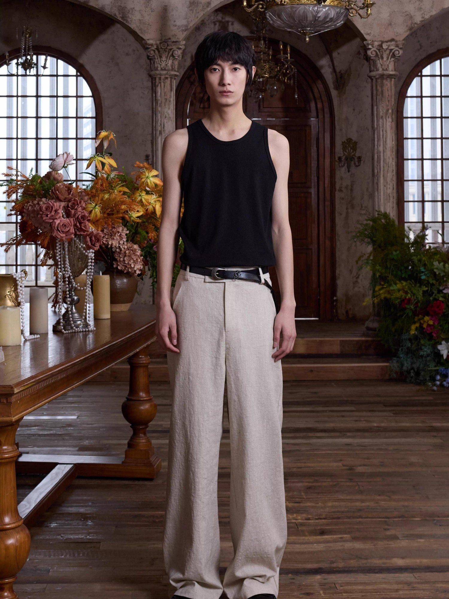 4JUNKS Embroidered Back Pocket Linen Blend Chinese Style Casual Youth Straight Pants