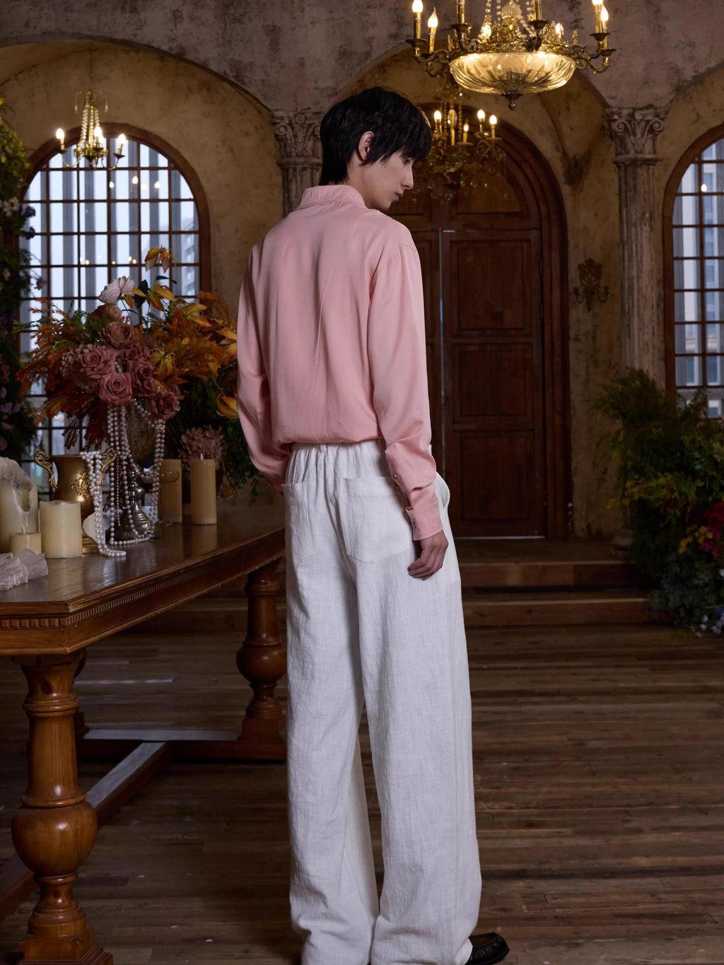 4JUNKS Embroidered Back Pocket Linen Blend Chinese Style Casual Youth Straight Pants