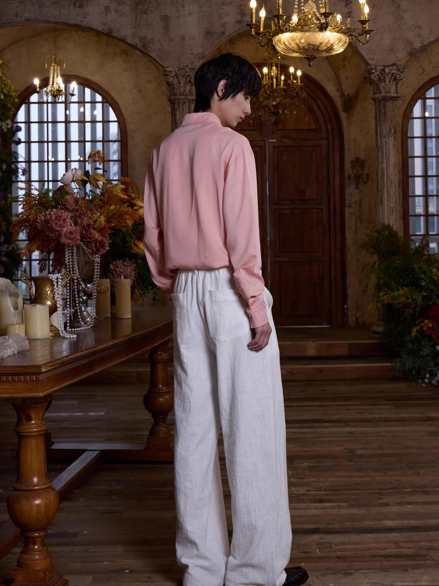 4JUNKS Embroidered Back Pocket Linen Blend Chinese Style Casual Youth Straight Pants