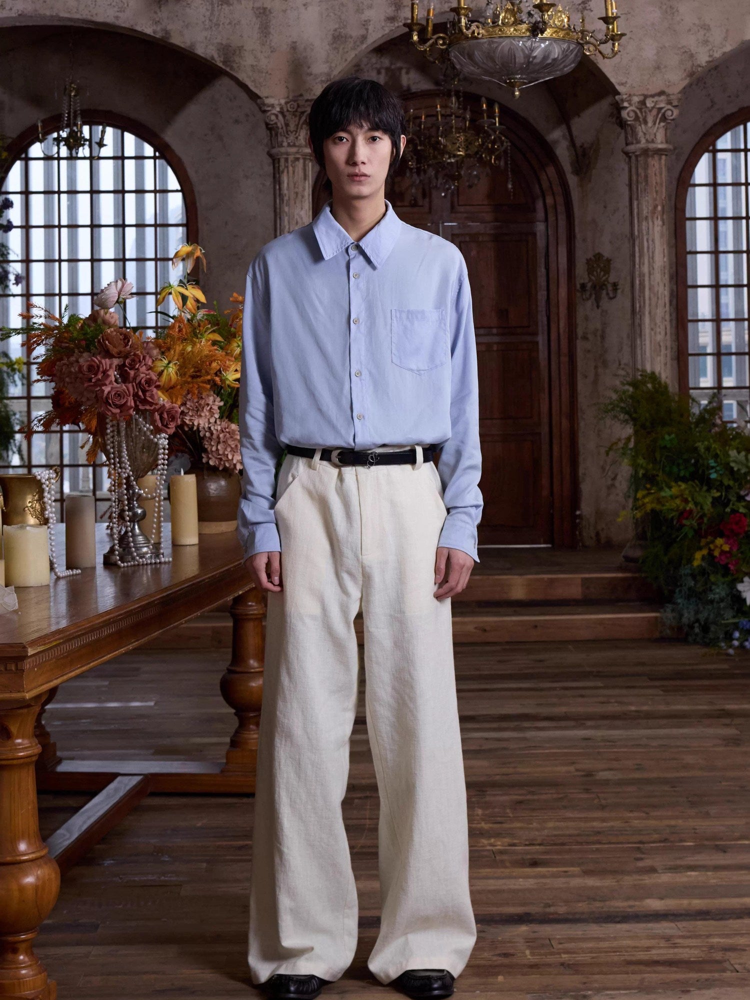 4JUNKS Embroidered Back Pocket Linen Blend Chinese Style Casual Youth Straight Pants