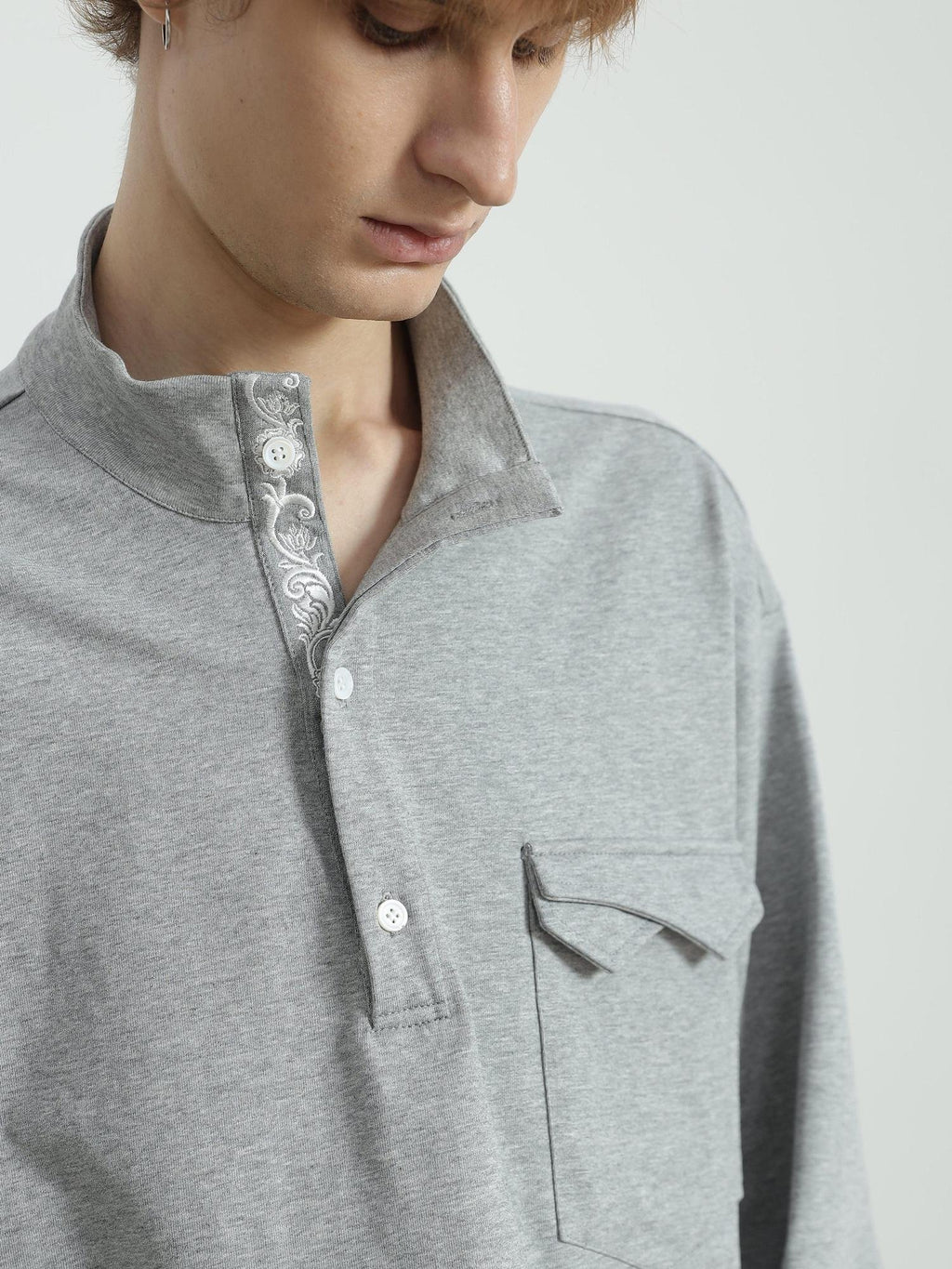 4JUNKS Embroidered Cotton Loose Fit Street Stand Collar Unisex Henley Sweatshirt