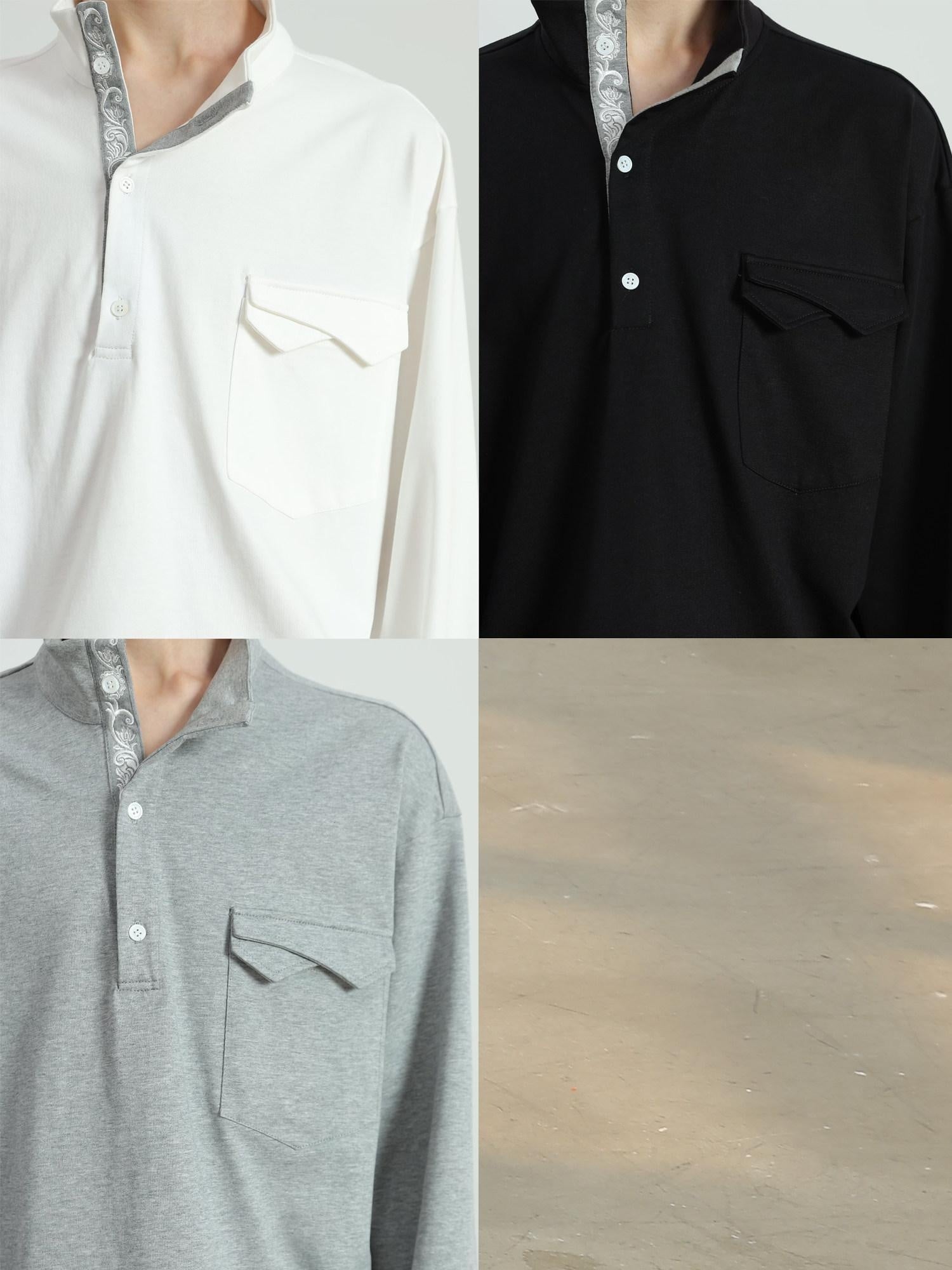 4JUNKS Embroidered Cotton Loose Fit Street Stand Collar Unisex Henley Sweatshirt