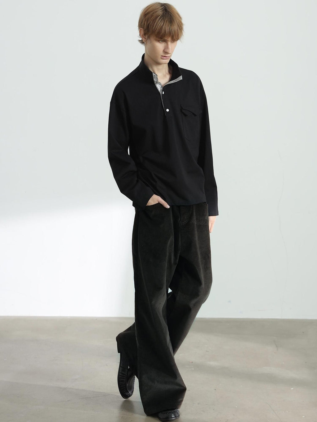 4JUNKS Embroidered Cotton Loose Fit Street Stand Collar Unisex Henley Sweatshirt