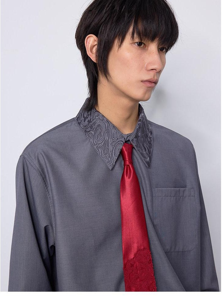 4JUNKS Embroidered Geometric Cleanfit Loose Fit Collared Long Sleeve Unisex Shirts