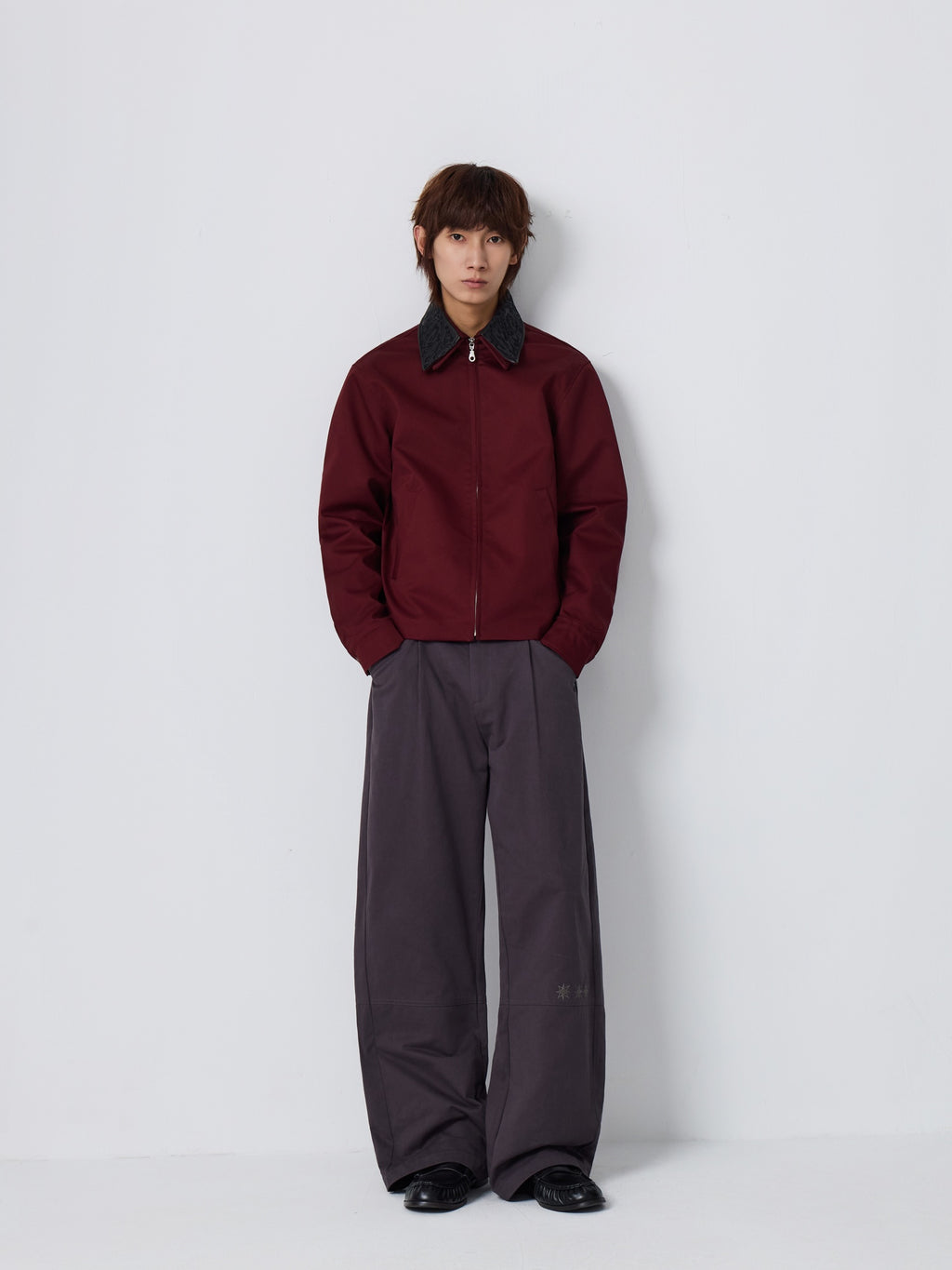 4JUNKS Embroidered Oversized Cropped Lapel Zipper Unisex Burgundy Brown Leather Jackets