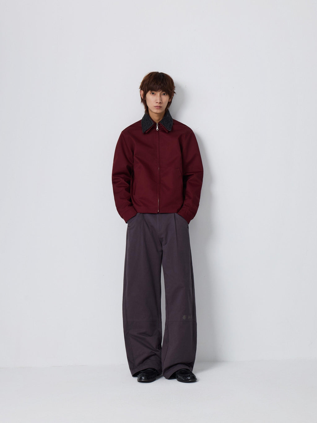 4JUNKS Embroidered Oversized Cropped Lapel Zipper Unisex Burgundy Brown Leather Jackets
