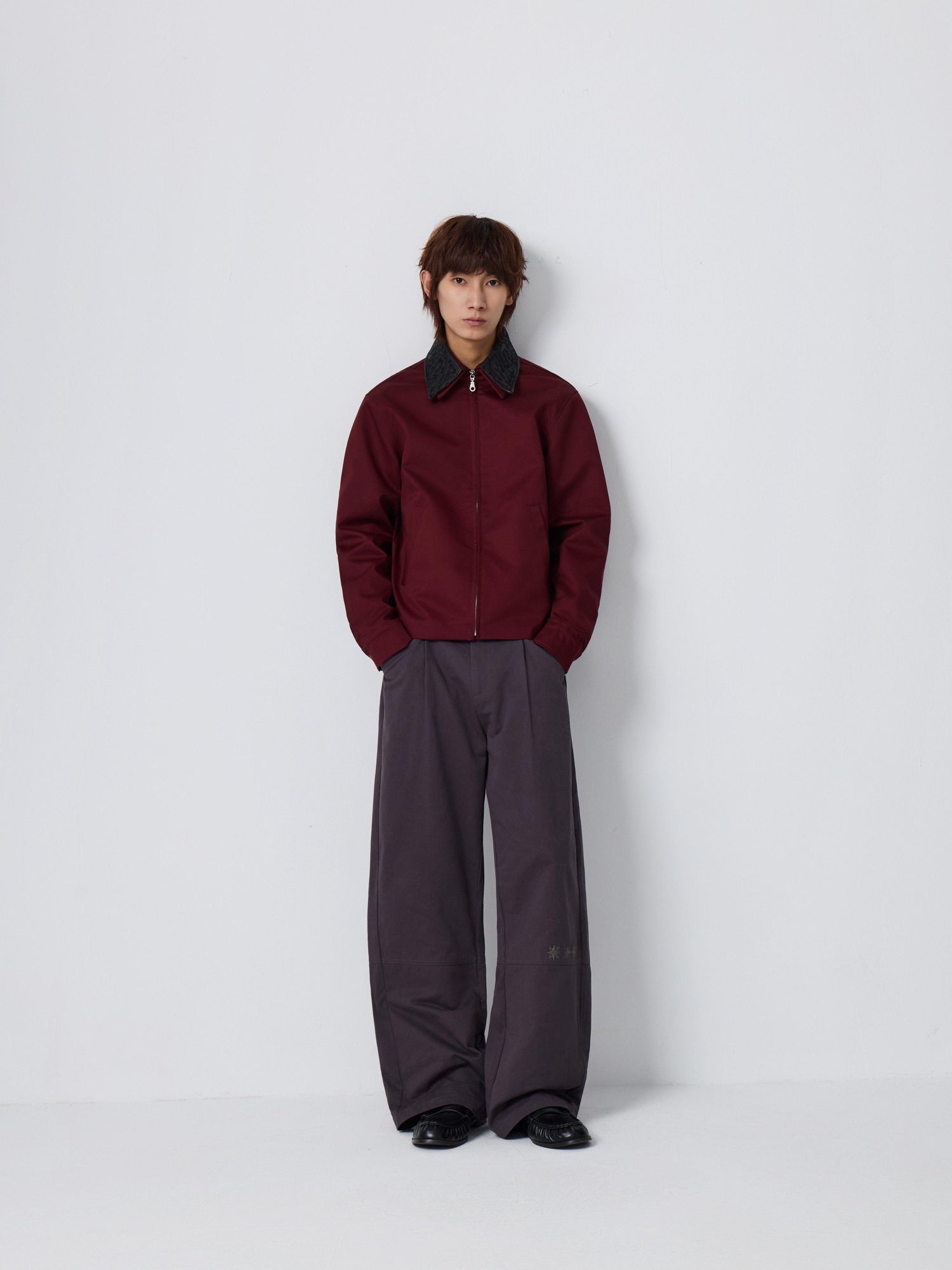 4JUNKS Embroidered Oversized Cropped Lapel Zipper Unisex Burgundy Brown Leather Jackets