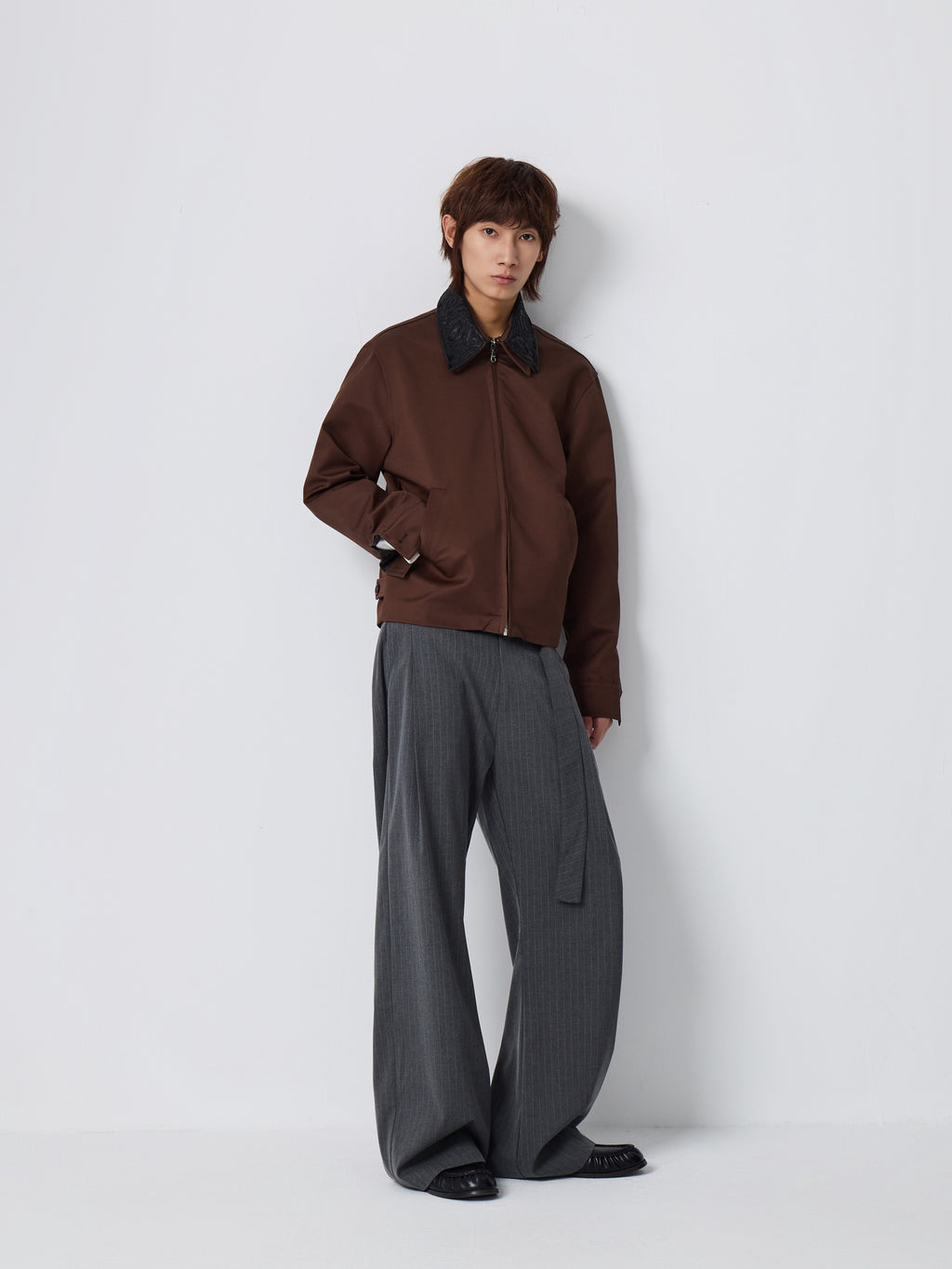 4JUNKS Embroidered Oversized Cropped Lapel Zipper Unisex Burgundy Brown Leather Jackets