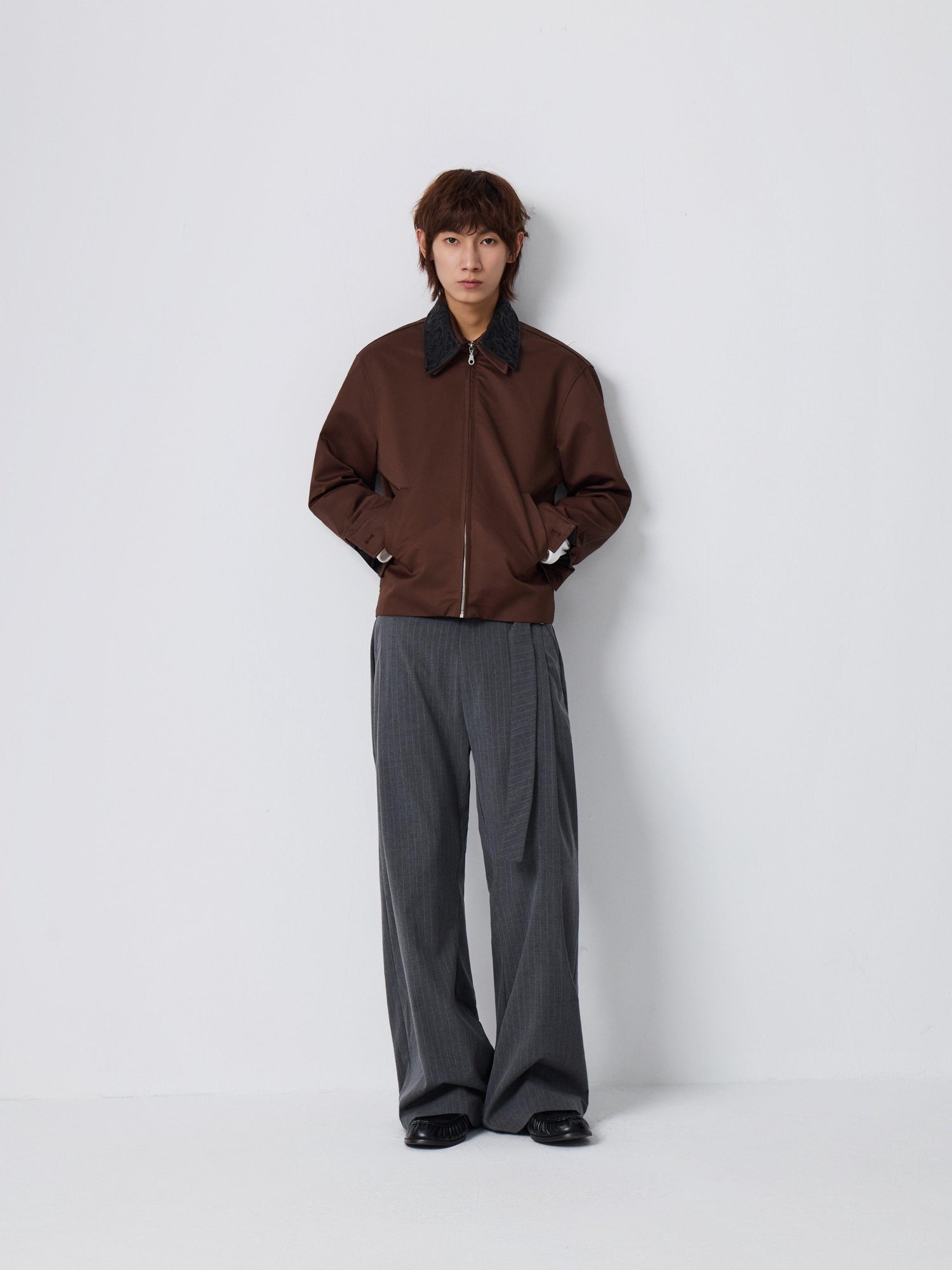 4JUNKS Embroidered Oversized Cropped Lapel Zipper Unisex Burgundy Brown Leather Jackets