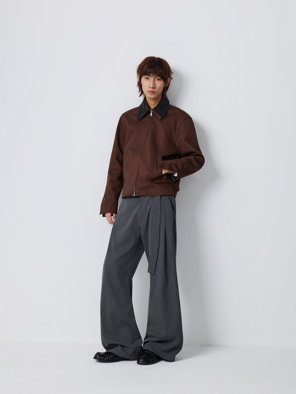 4JUNKS Embroidered Oversized Cropped Lapel Zipper Unisex Burgundy Brown Leather Jackets