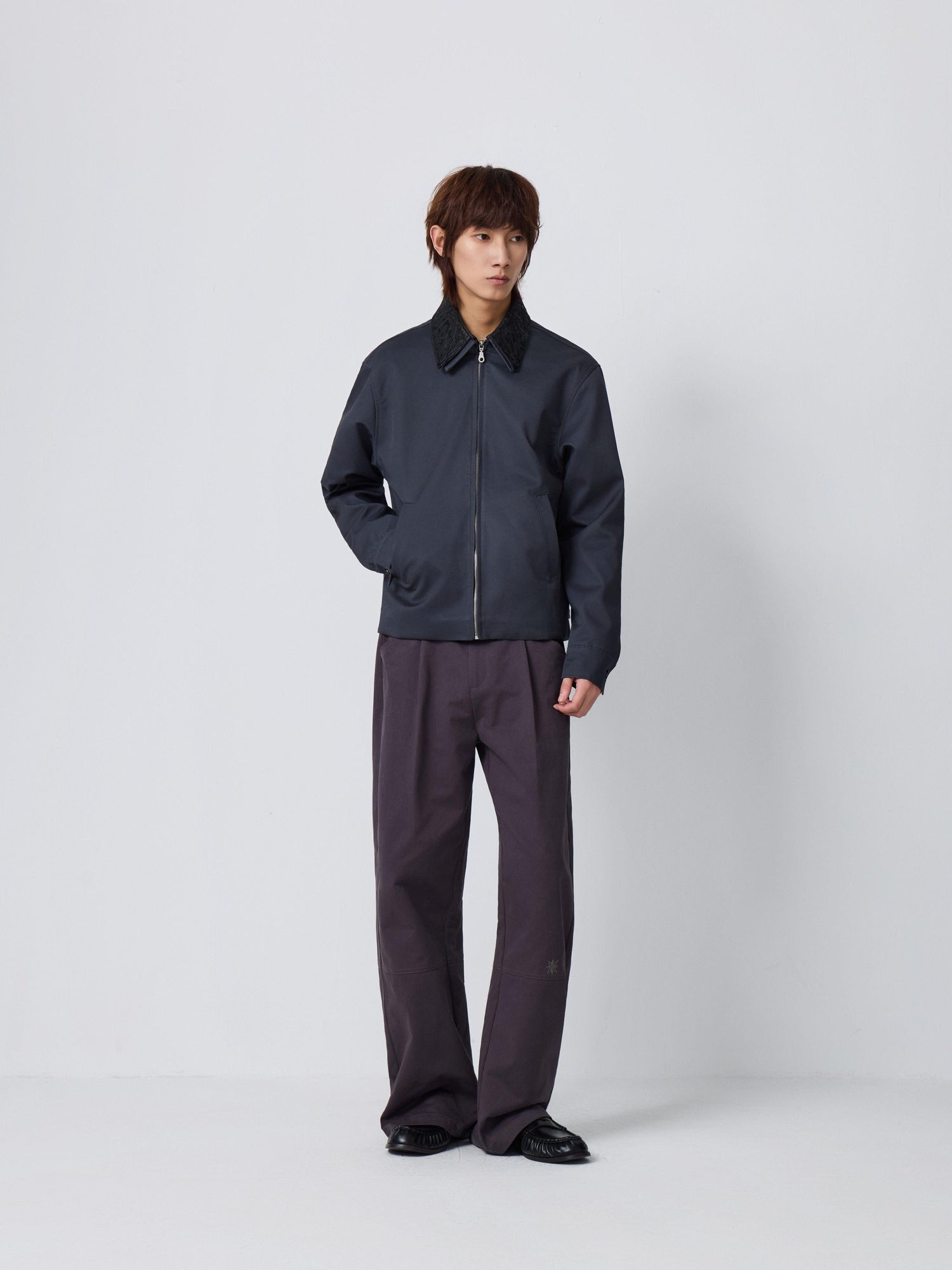 4JUNKS Embroidered Oversized Cropped Lapel Zipper Unisex Burgundy Brown Leather Jackets