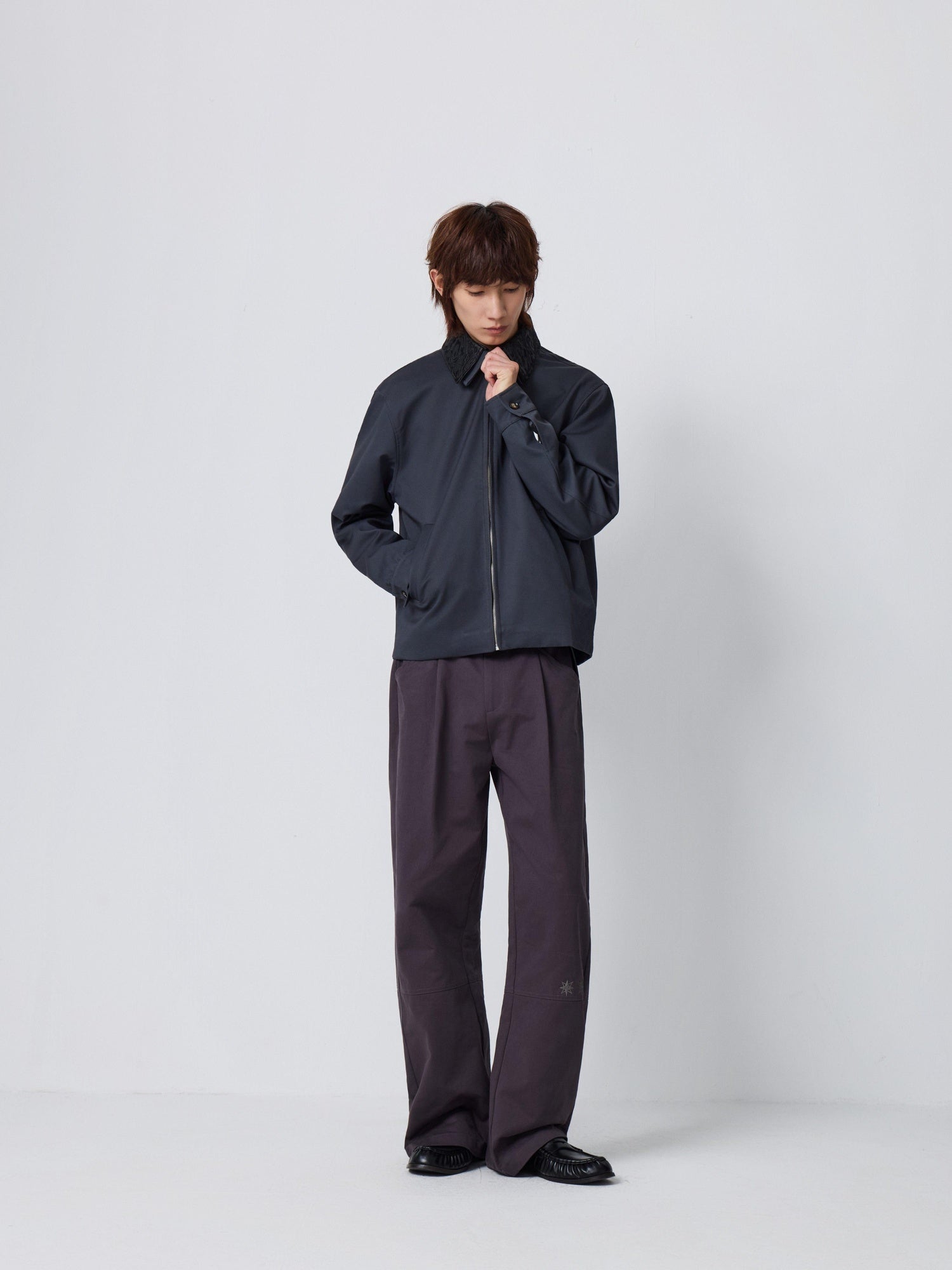 4JUNKS Embroidered Oversized Cropped Lapel Zipper Unisex Burgundy Brown Leather Jackets