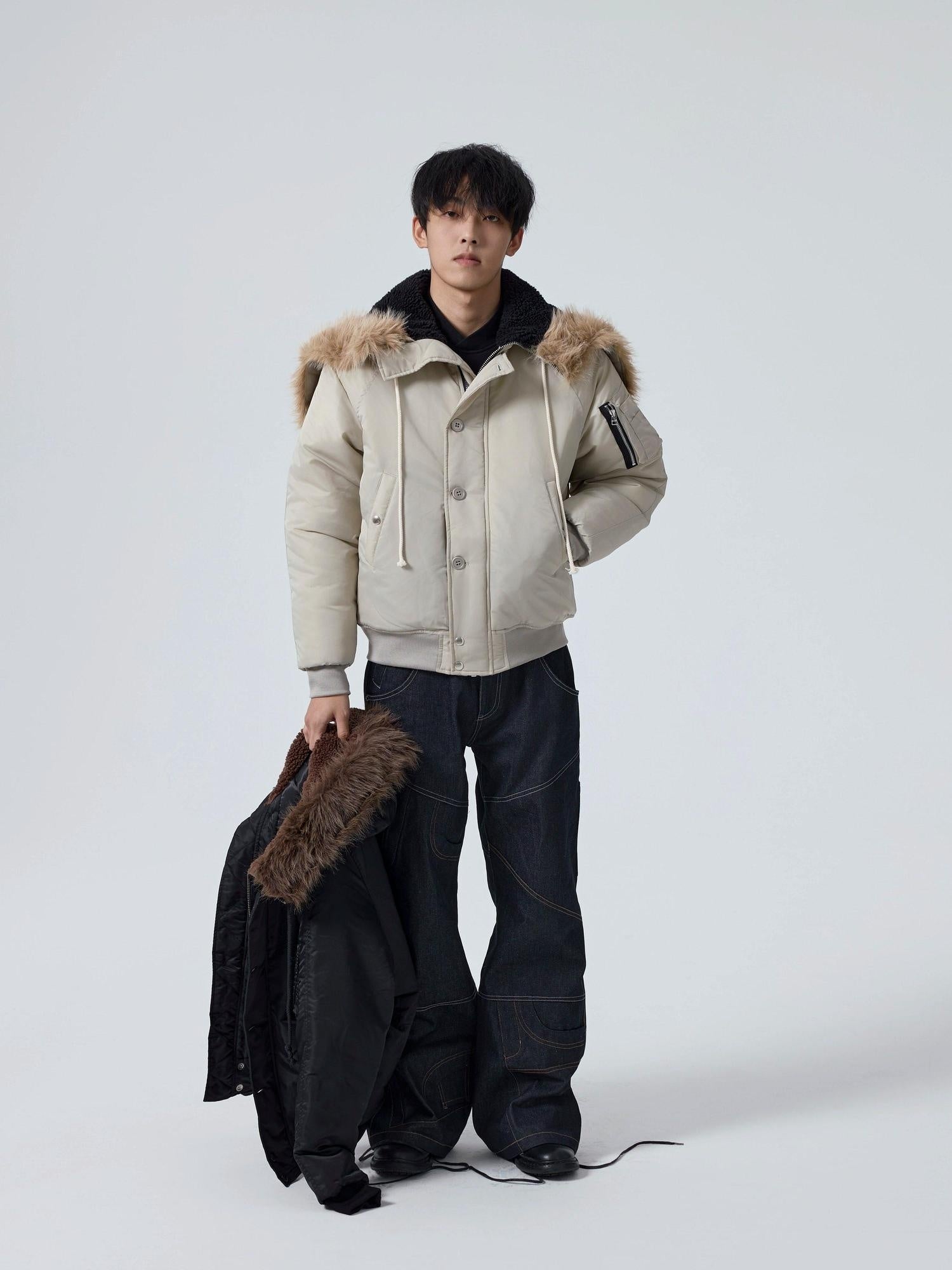 4JUNKS Insulated Hooded Removable Collar Cropped Cleanfit Black Grey Puffer Jackets