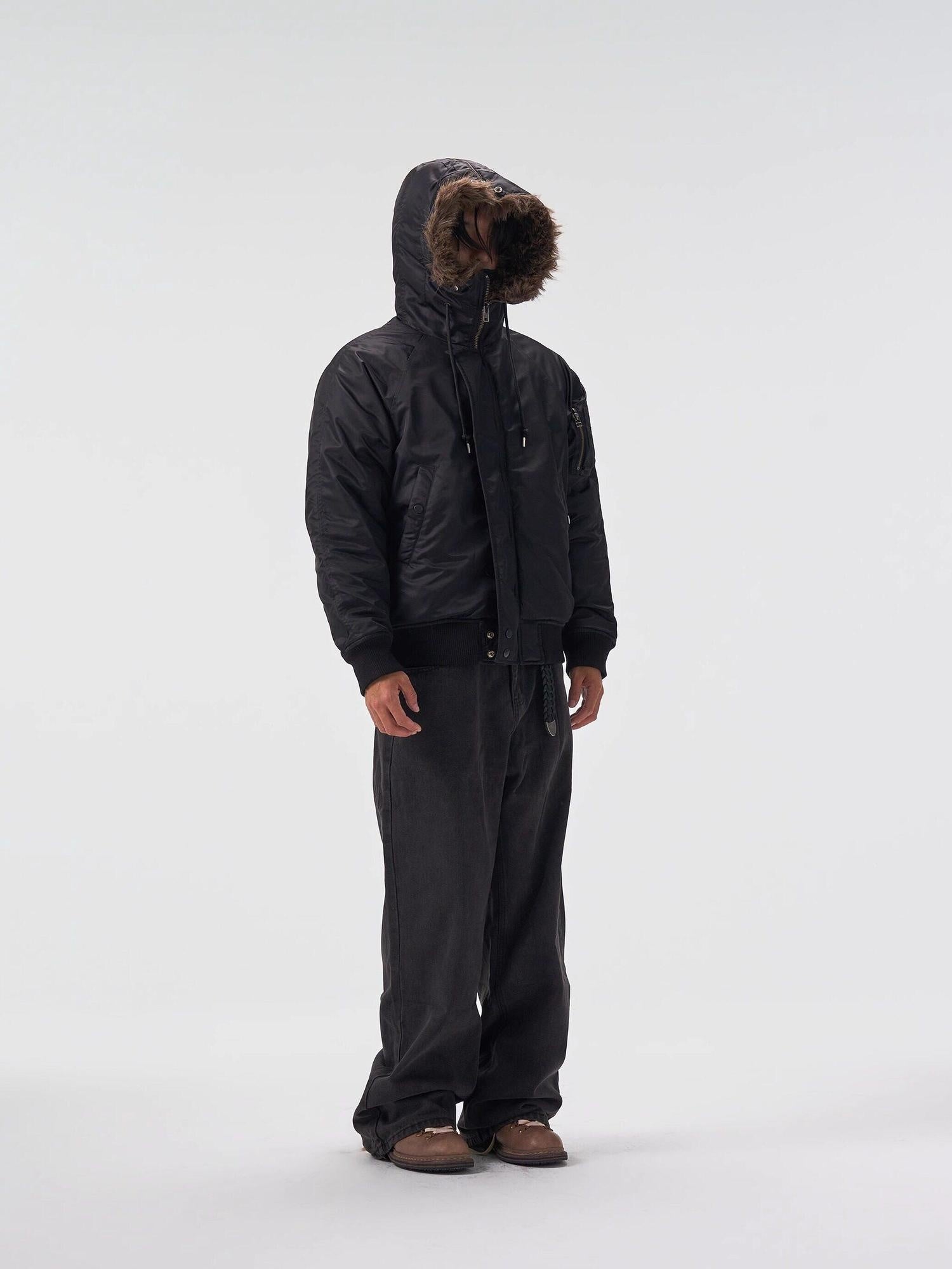 4JUNKS Insulated Hooded Removable Collar Cropped Cleanfit Black Grey Puffer Jackets