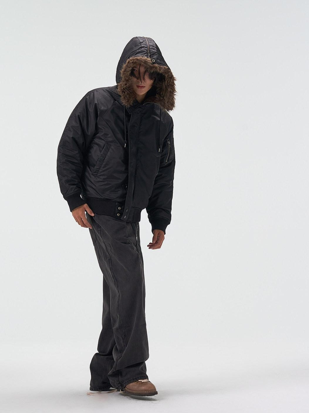 4JUNKS Insulated Hooded Removable Collar Cropped Cleanfit Black Grey Puffer Jackets