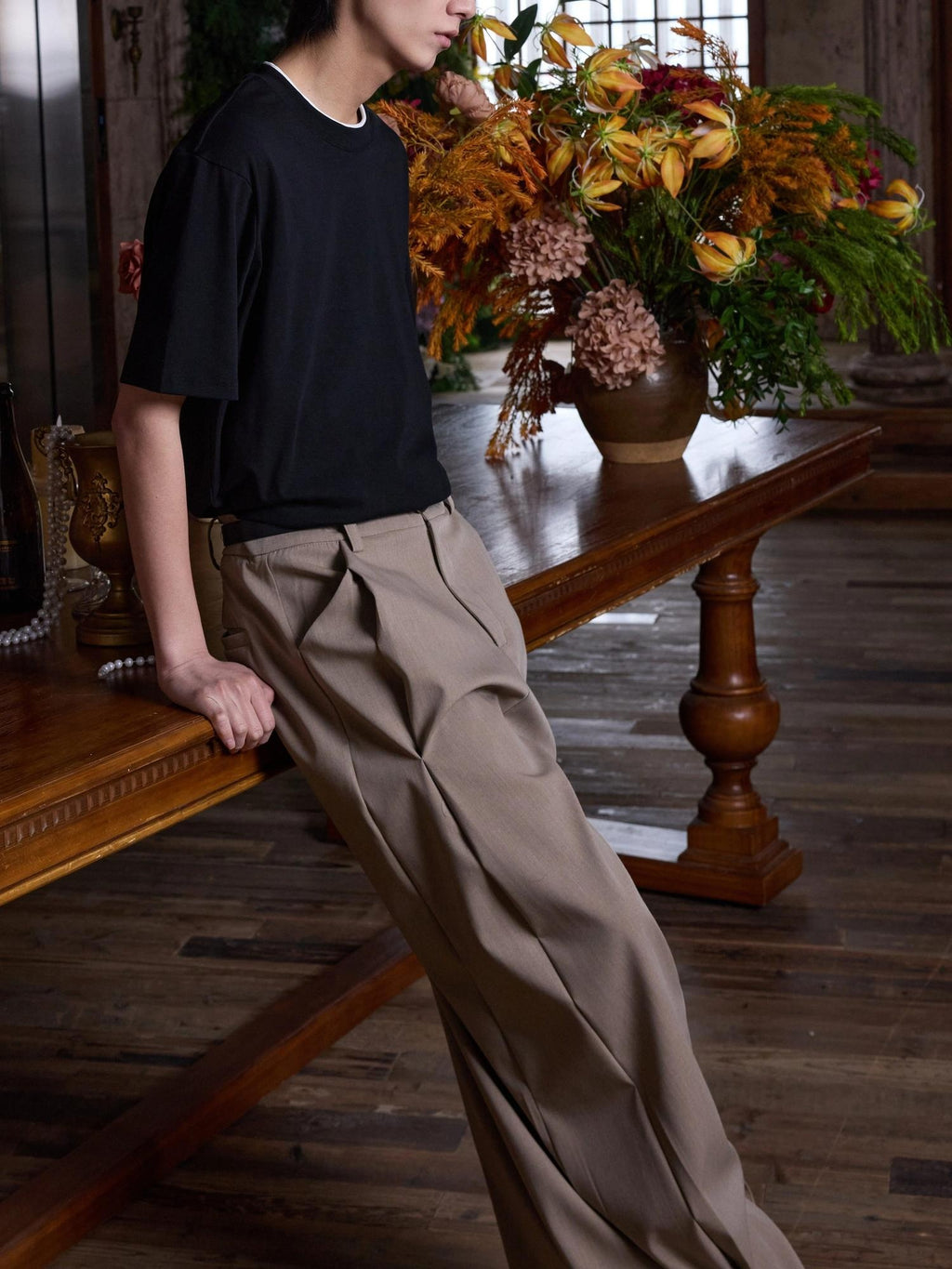 4JUNKS Inverted Double Pleats Cleanfit Relaxed Casual Poly Viscose Stretch Khaki Pants