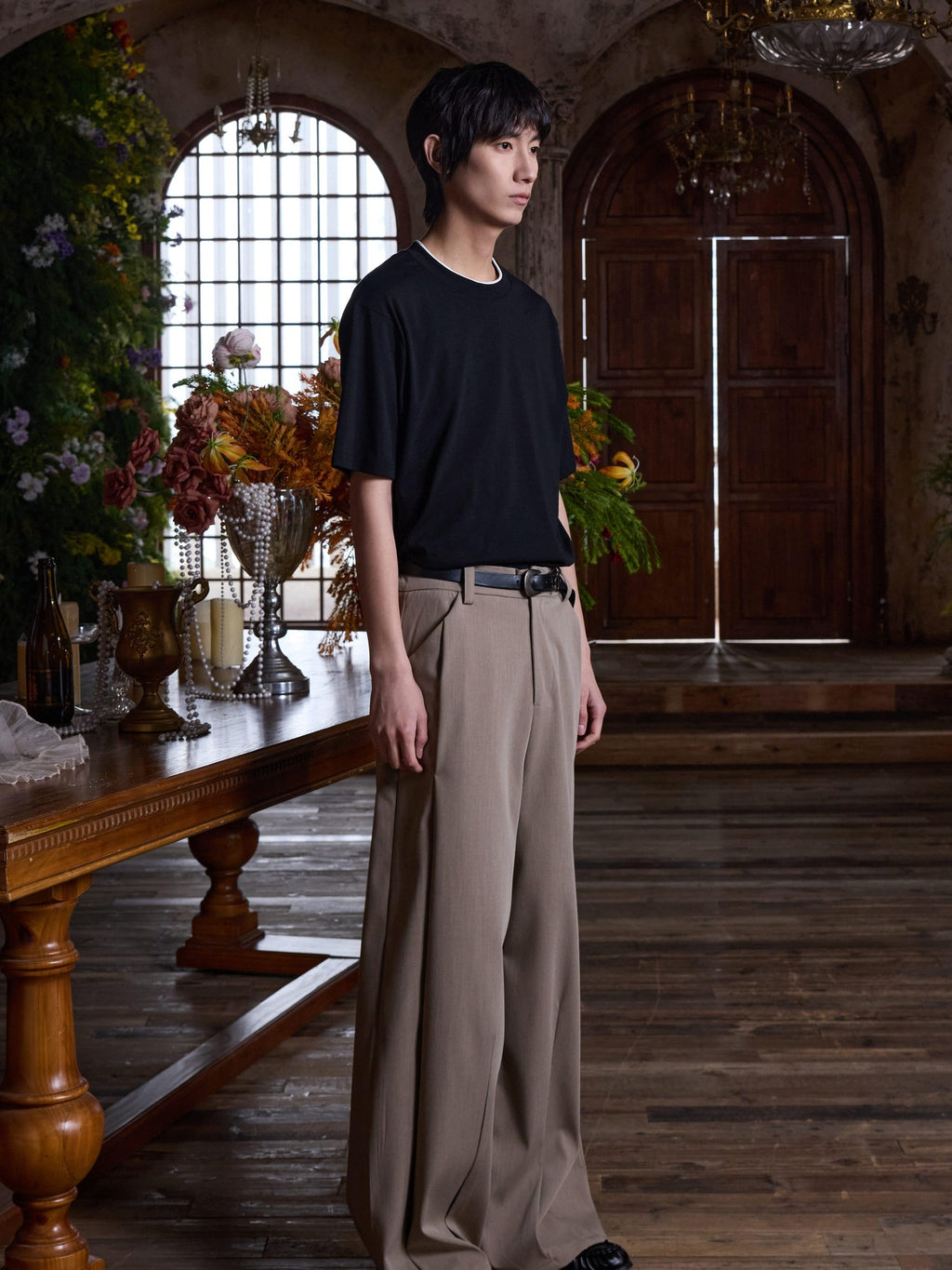 4JUNKS Inverted Double Pleats Cleanfit Relaxed Casual Poly Viscose Stretch Khaki Pants