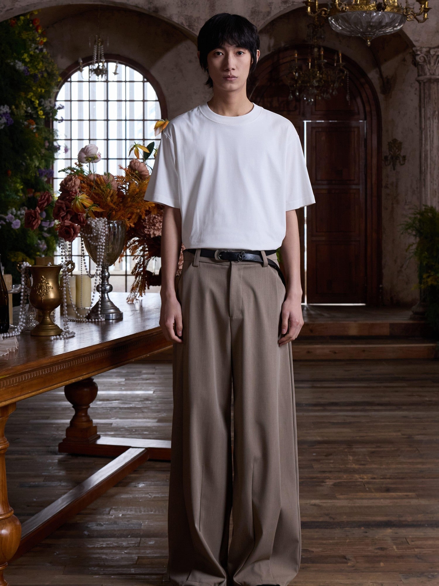 4JUNKS Inverted Double Pleats Cleanfit Relaxed Casual Poly Viscose Stretch Khaki Pants