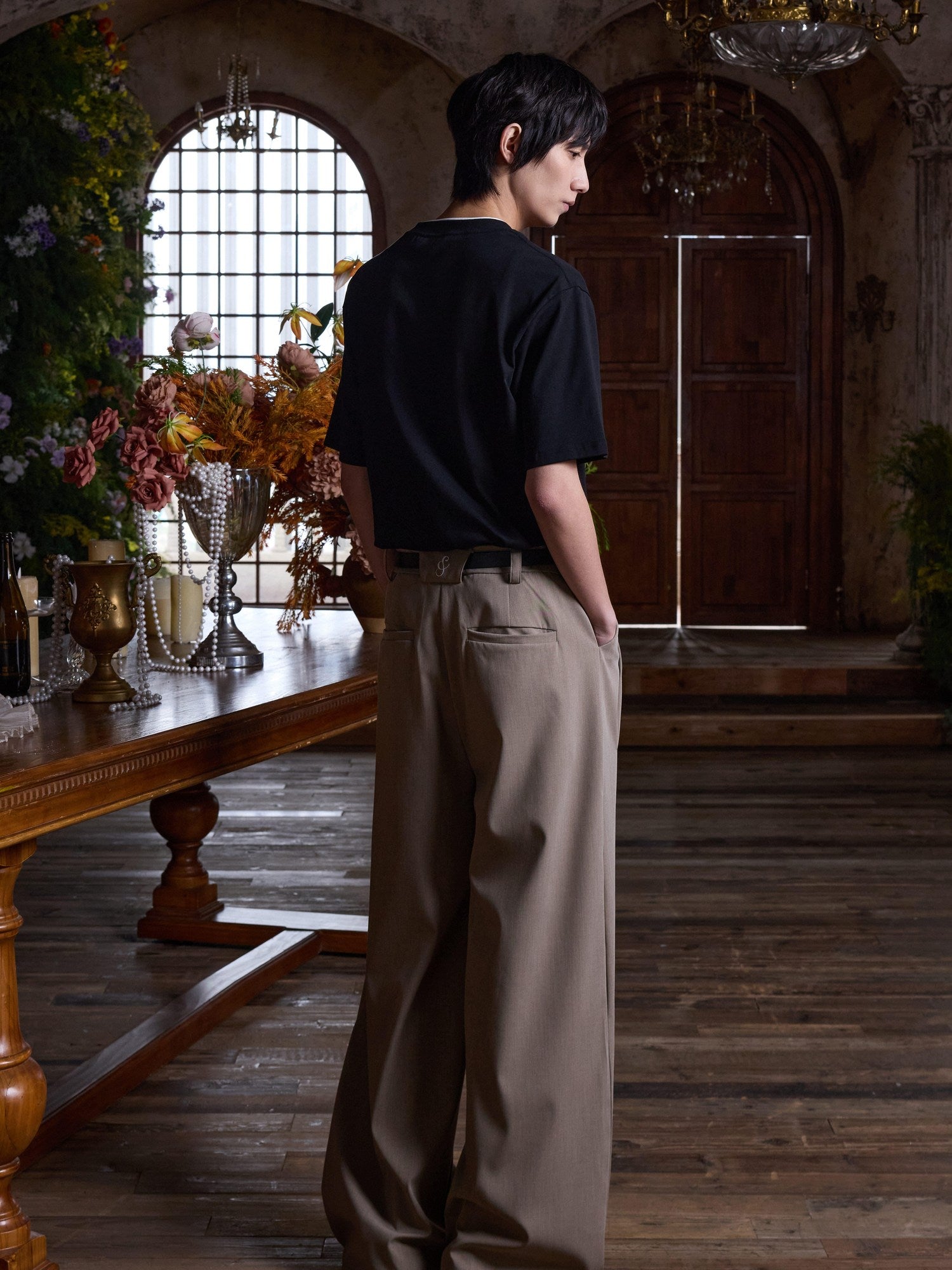 4JUNKS Inverted Double Pleats Cleanfit Relaxed Casual Poly Viscose Stretch Khaki Pants