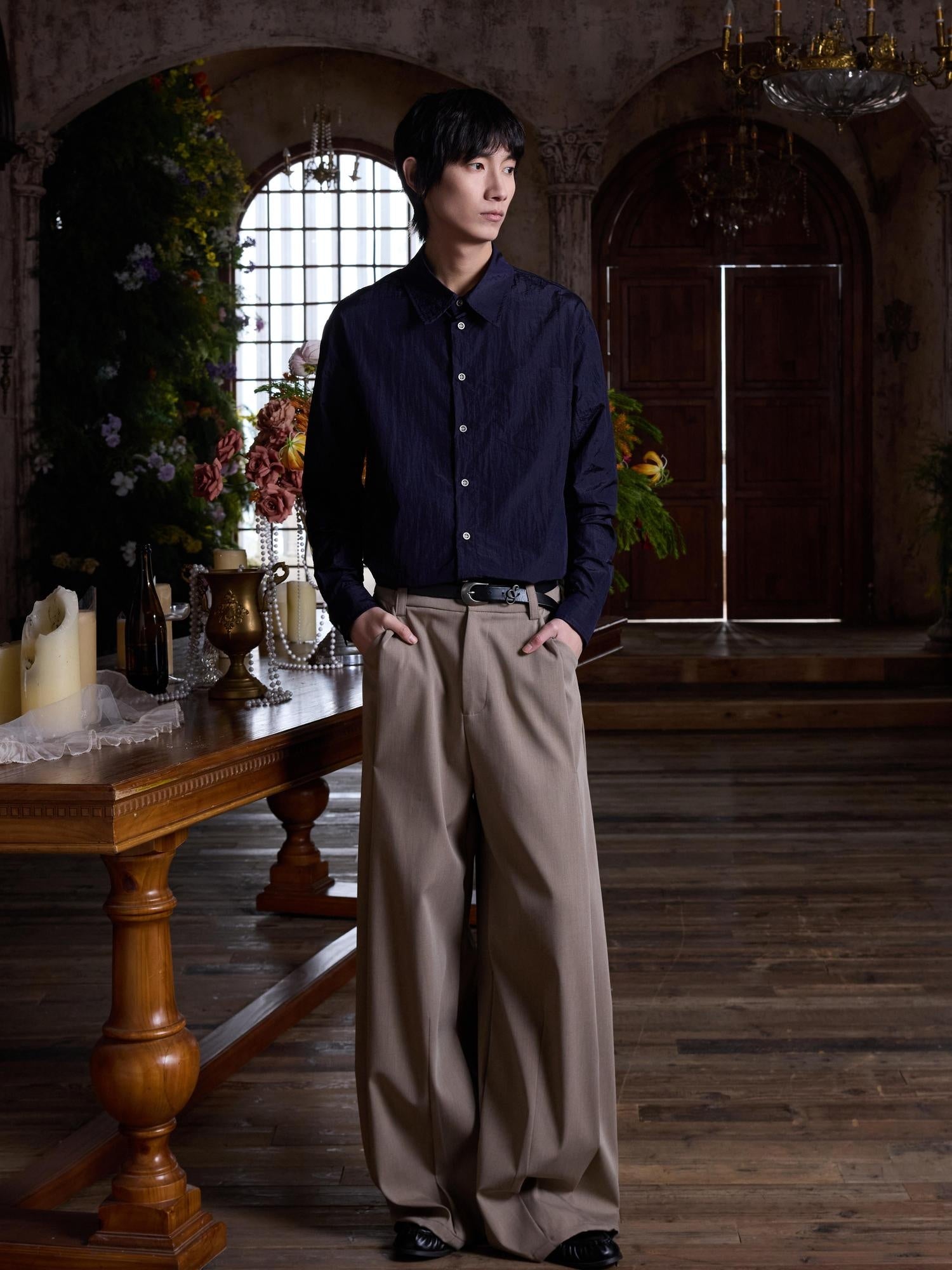 4JUNKS Inverted Double Pleats Cleanfit Relaxed Casual Poly Viscose Stretch Khaki Pants
