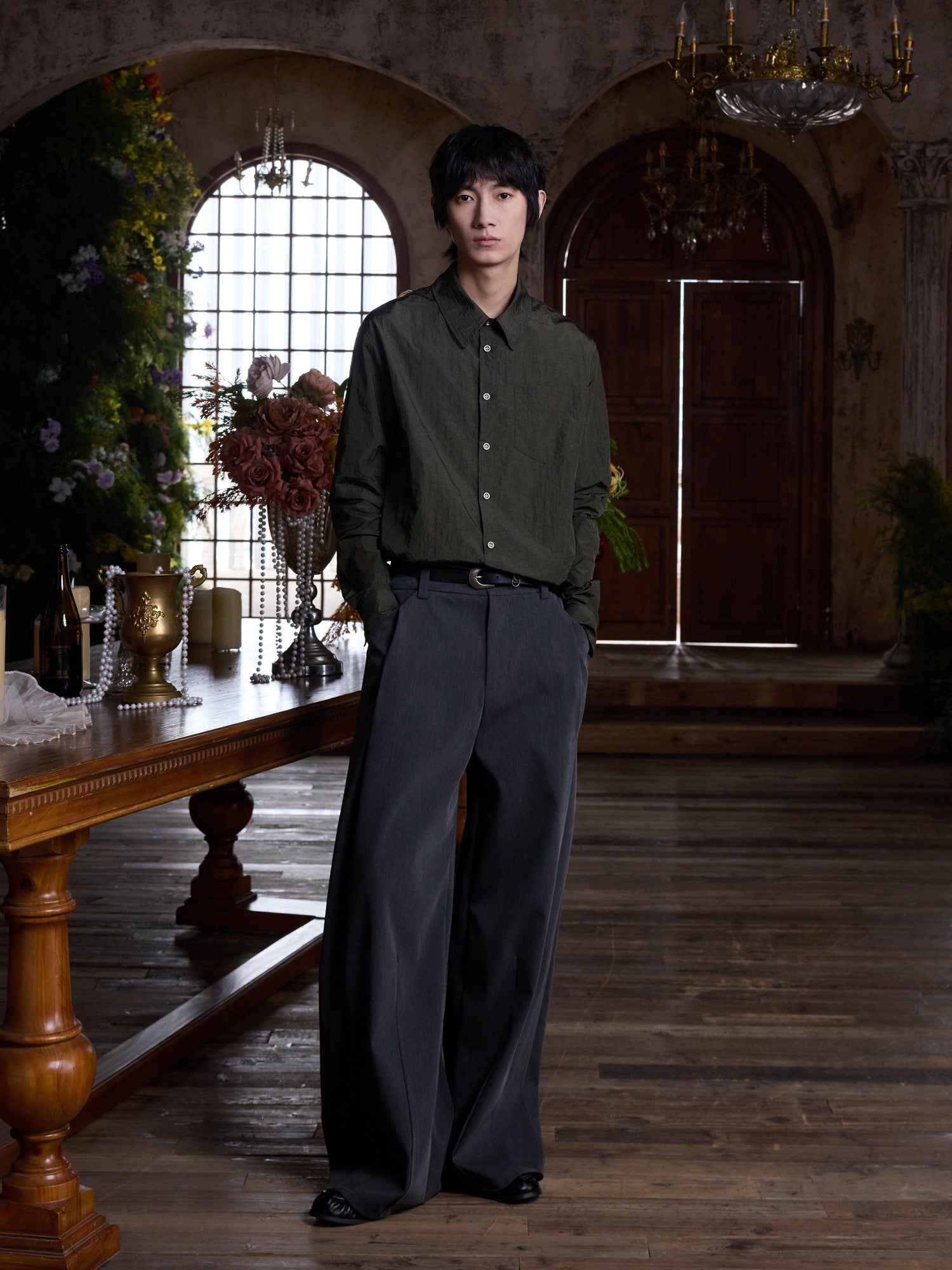4JUNKS Inverted Double Pleats Cleanfit Relaxed Casual Poly Viscose Stretch Khaki Pants
