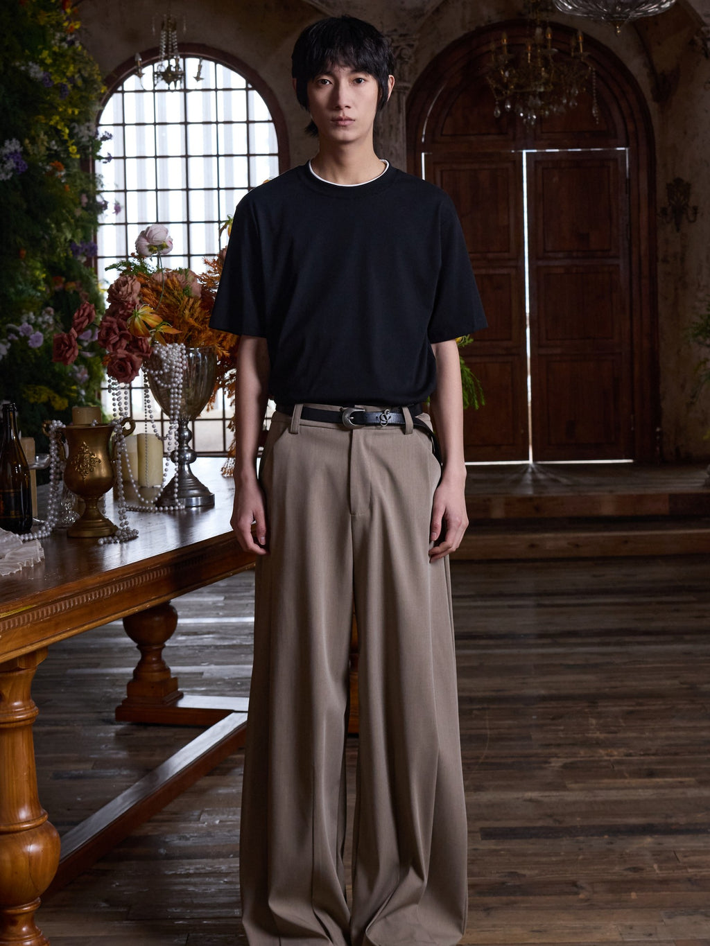4JUNKS Inverted Double Pleats Cleanfit Relaxed Casual Poly Viscose Stretch Khaki Pants