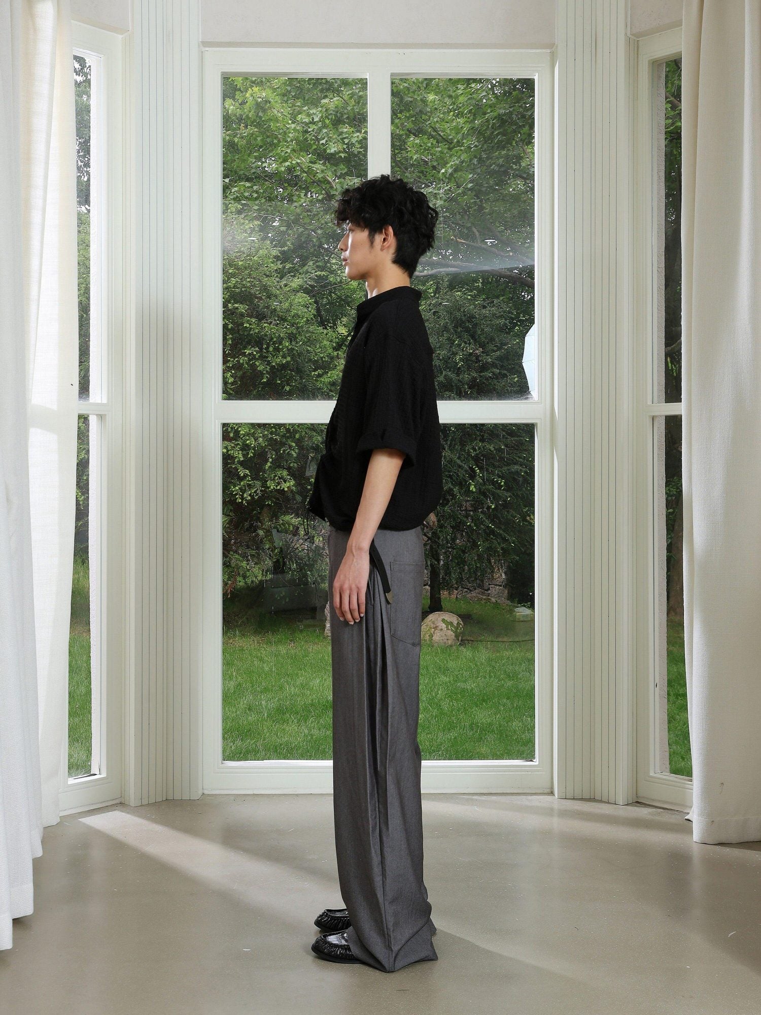 4JUNKS Pintuck Pleated Relaxed Fit Edgy Youth Casual Solid Denim Gray Wide Leg Pants