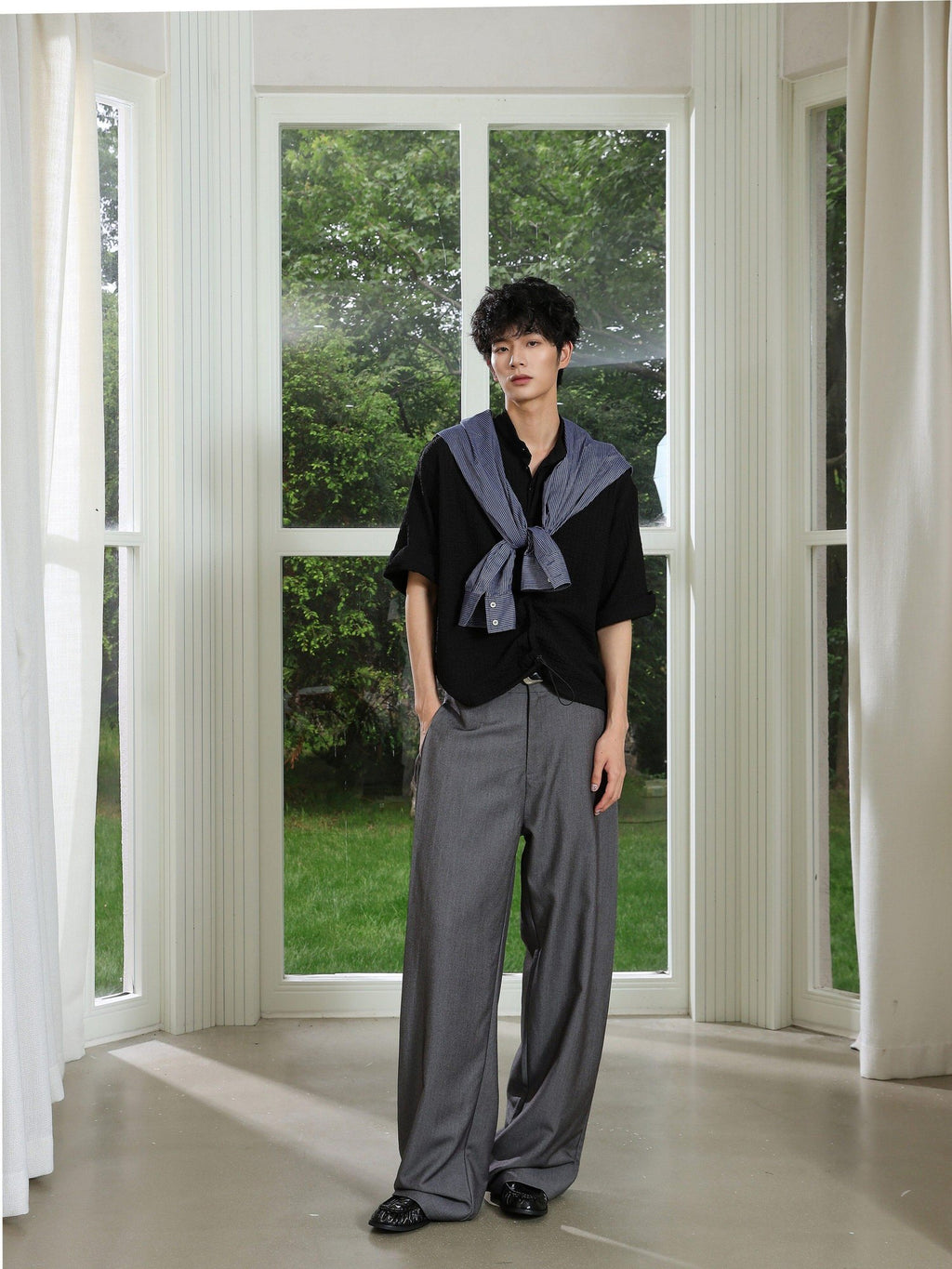 4JUNKS Pintuck Pleated Relaxed Fit Edgy Youth Casual Solid Denim Gray Wide Leg Pants