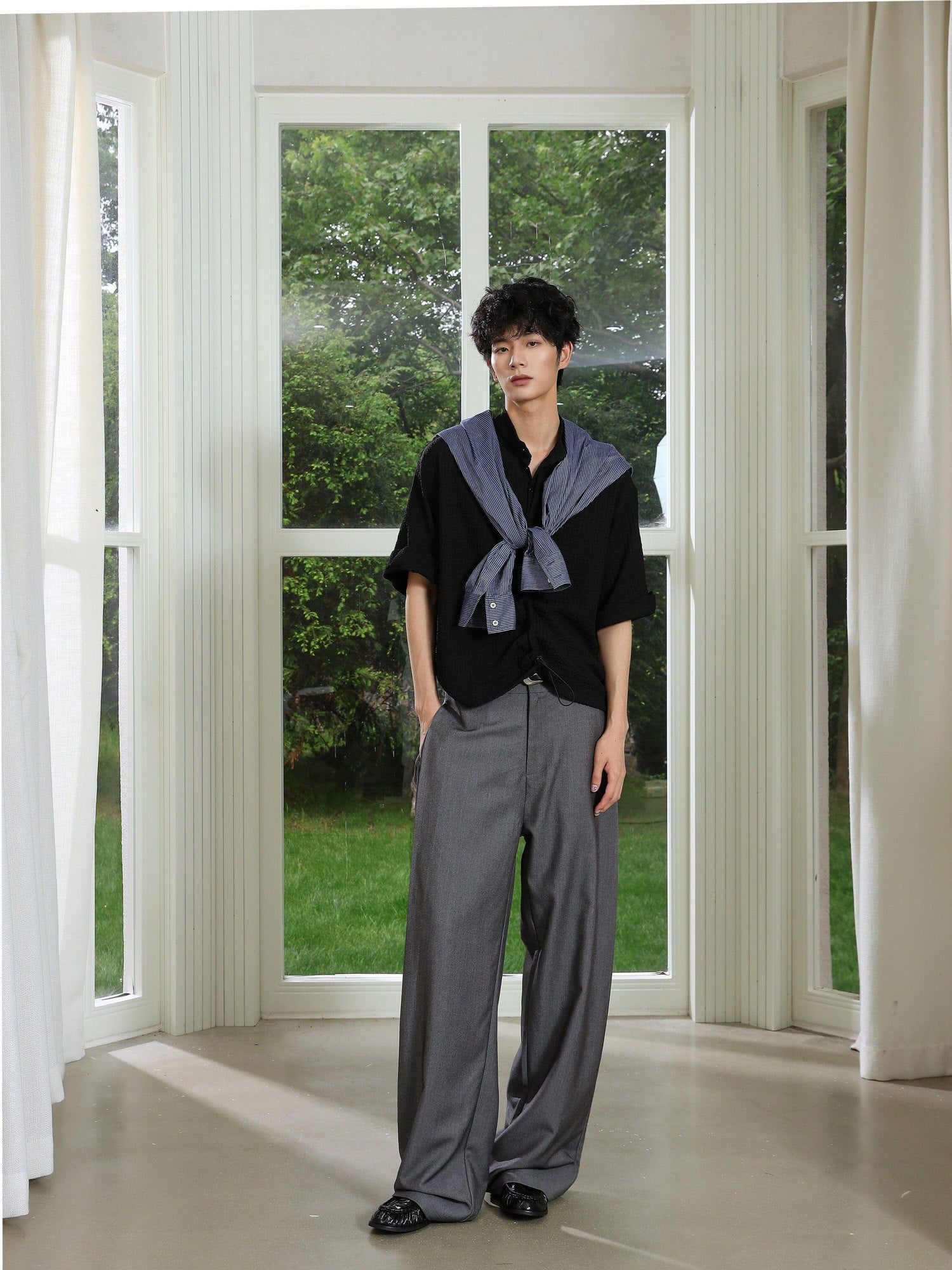 4JUNKS Pintuck Pleated Relaxed Fit Edgy Youth Casual Solid Denim Gray Wide Leg Pants