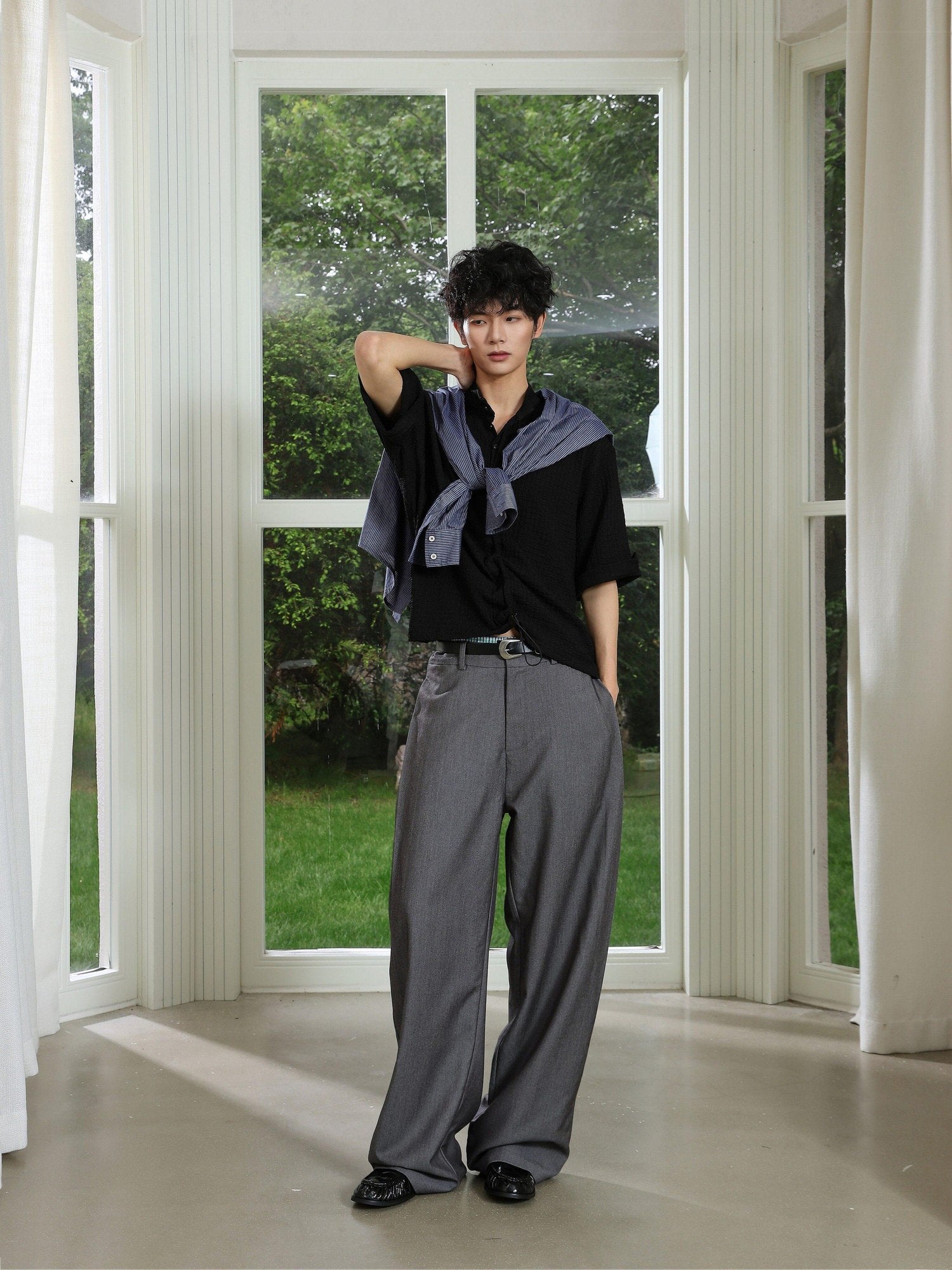 4JUNKS Pintuck Pleated Relaxed Fit Edgy Youth Casual Solid Denim Gray Wide Leg Pants