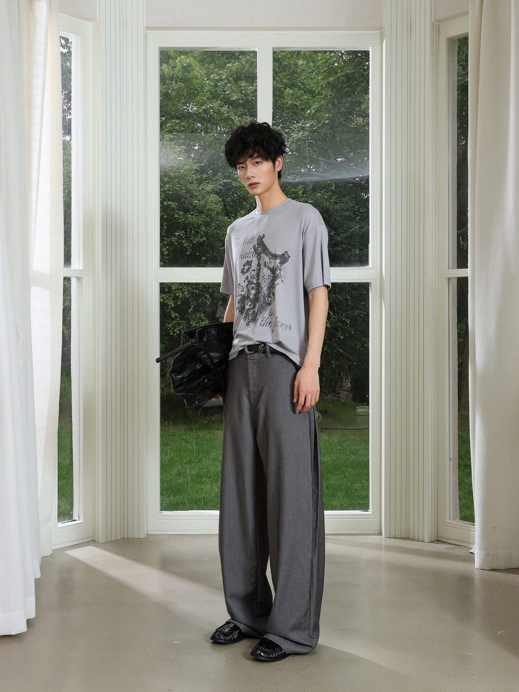 4JUNKS Pintuck Pleated Relaxed Fit Edgy Youth Casual Solid Denim Gray Wide Leg Pants