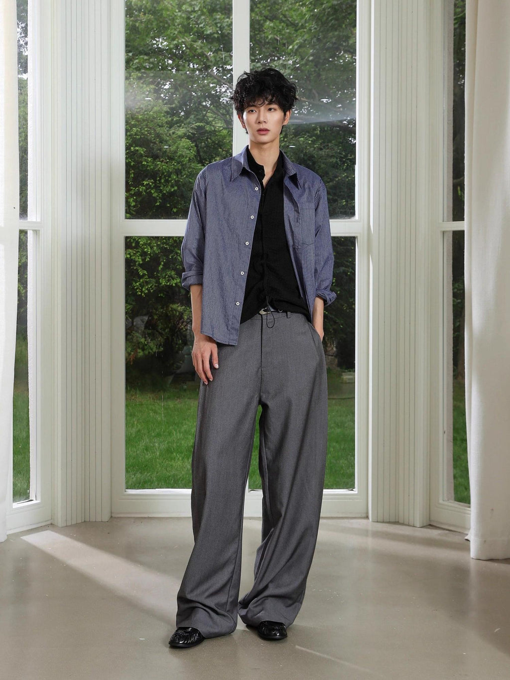 4JUNKS Pintuck Pleated Relaxed Fit Edgy Youth Casual Solid Denim Gray Wide Leg Pants