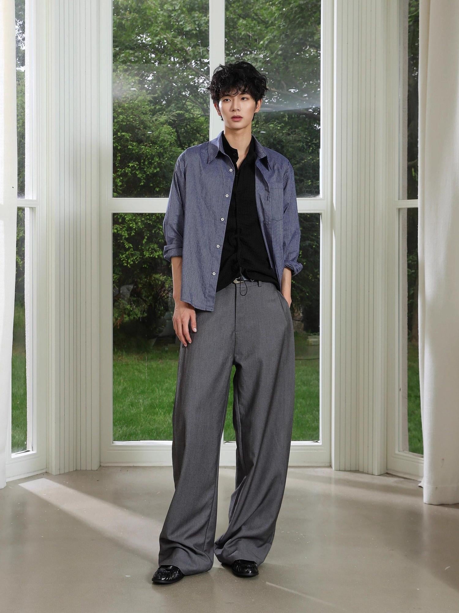 4JUNKS Pintuck Pleated Relaxed Fit Edgy Youth Casual Solid Denim Gray Wide Leg Pants