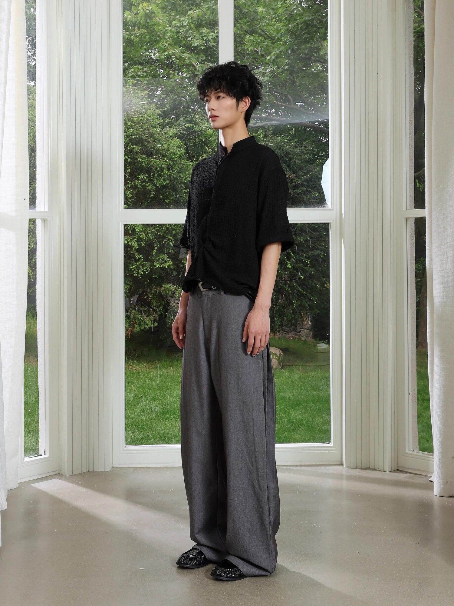 4JUNKS Pintuck Pleated Relaxed Fit Edgy Youth Casual Solid Denim Gray Wide Leg Pants