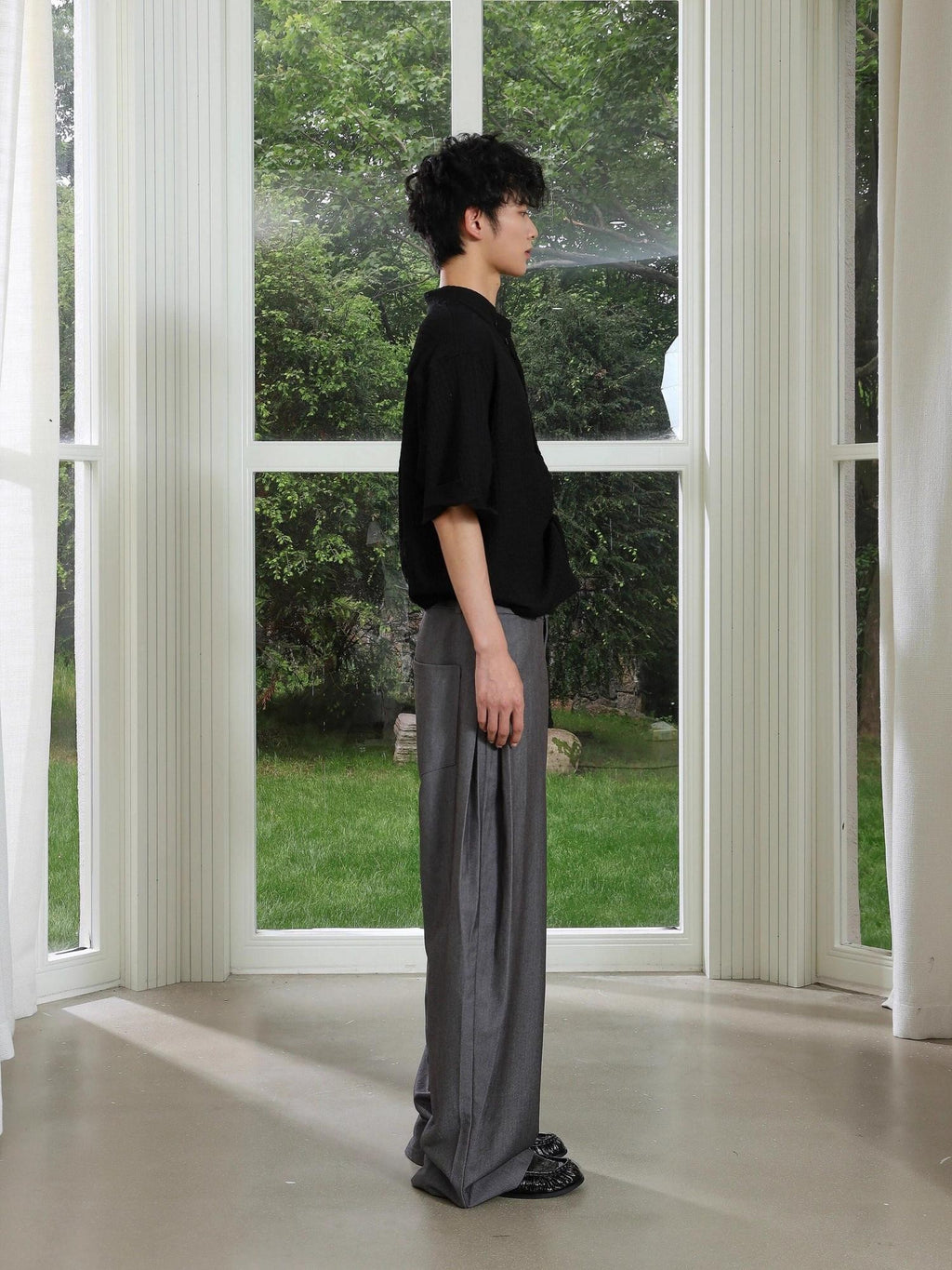 4JUNKS Pintuck Pleated Relaxed Fit Edgy Youth Casual Solid Denim Gray Wide Leg Pants