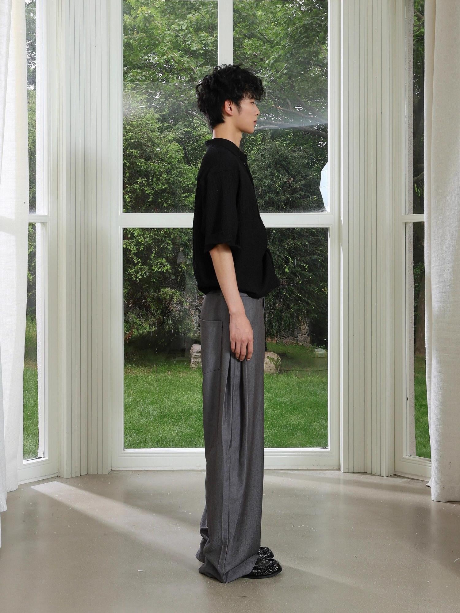 4JUNKS Pintuck Pleated Relaxed Fit Edgy Youth Casual Solid Denim Gray Wide Leg Pants